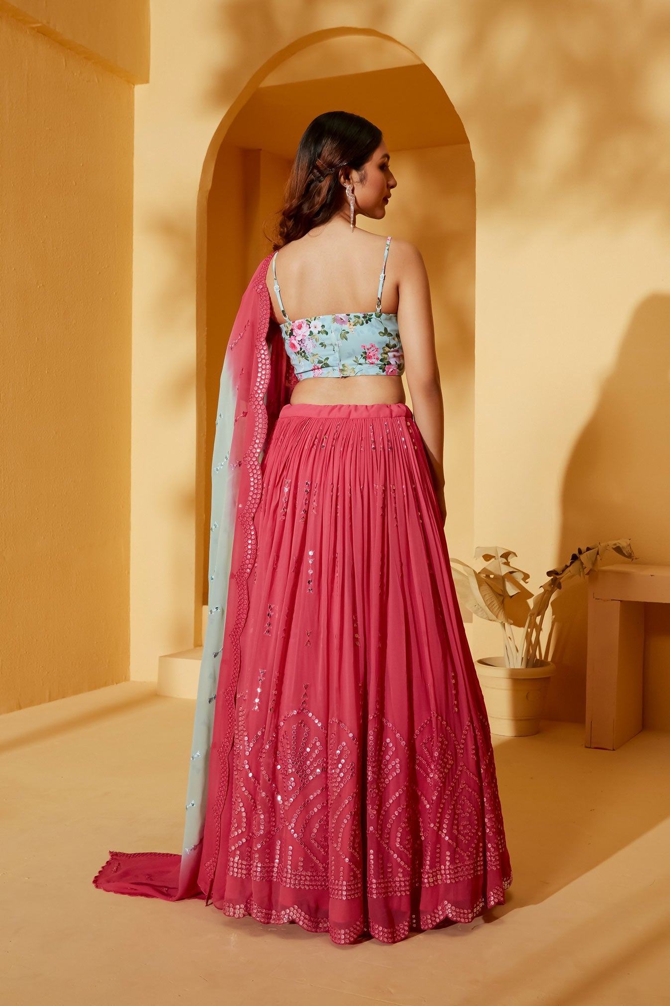 LIGHT BLUE AND CORAL LEHENGA SET