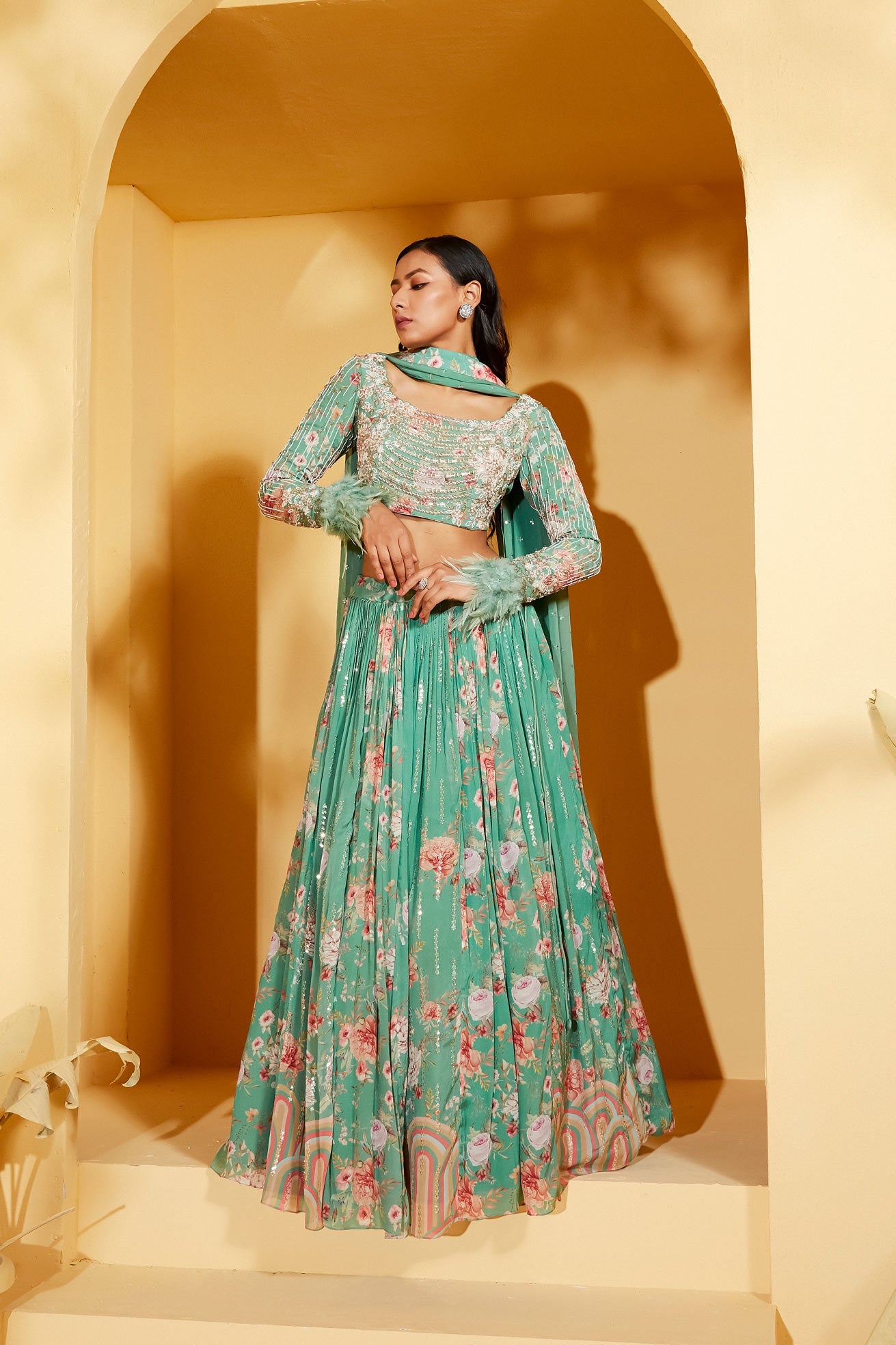 GREEN FUR LEHENGA SET