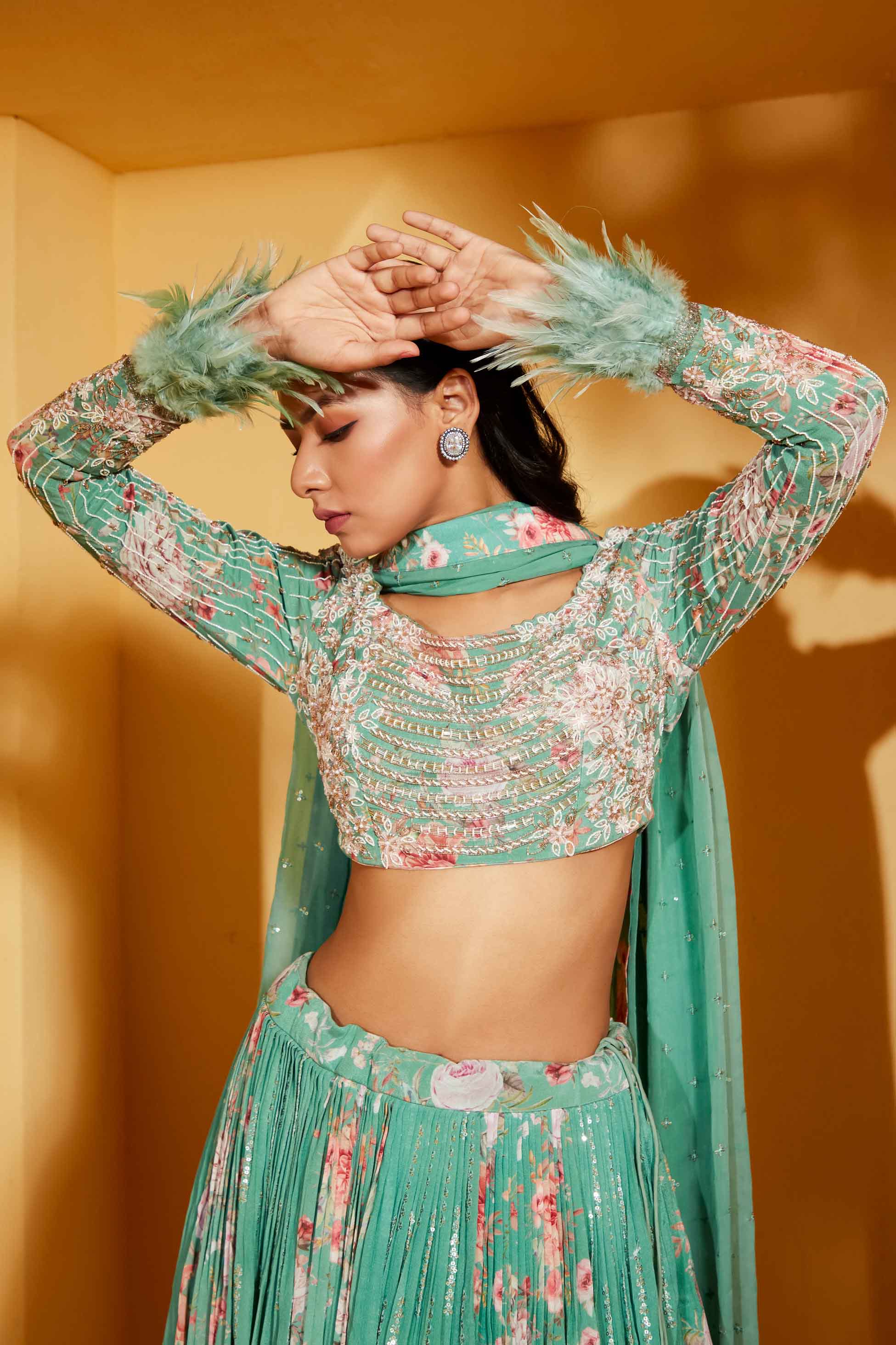 GREEN FUR LEHENGA SET
