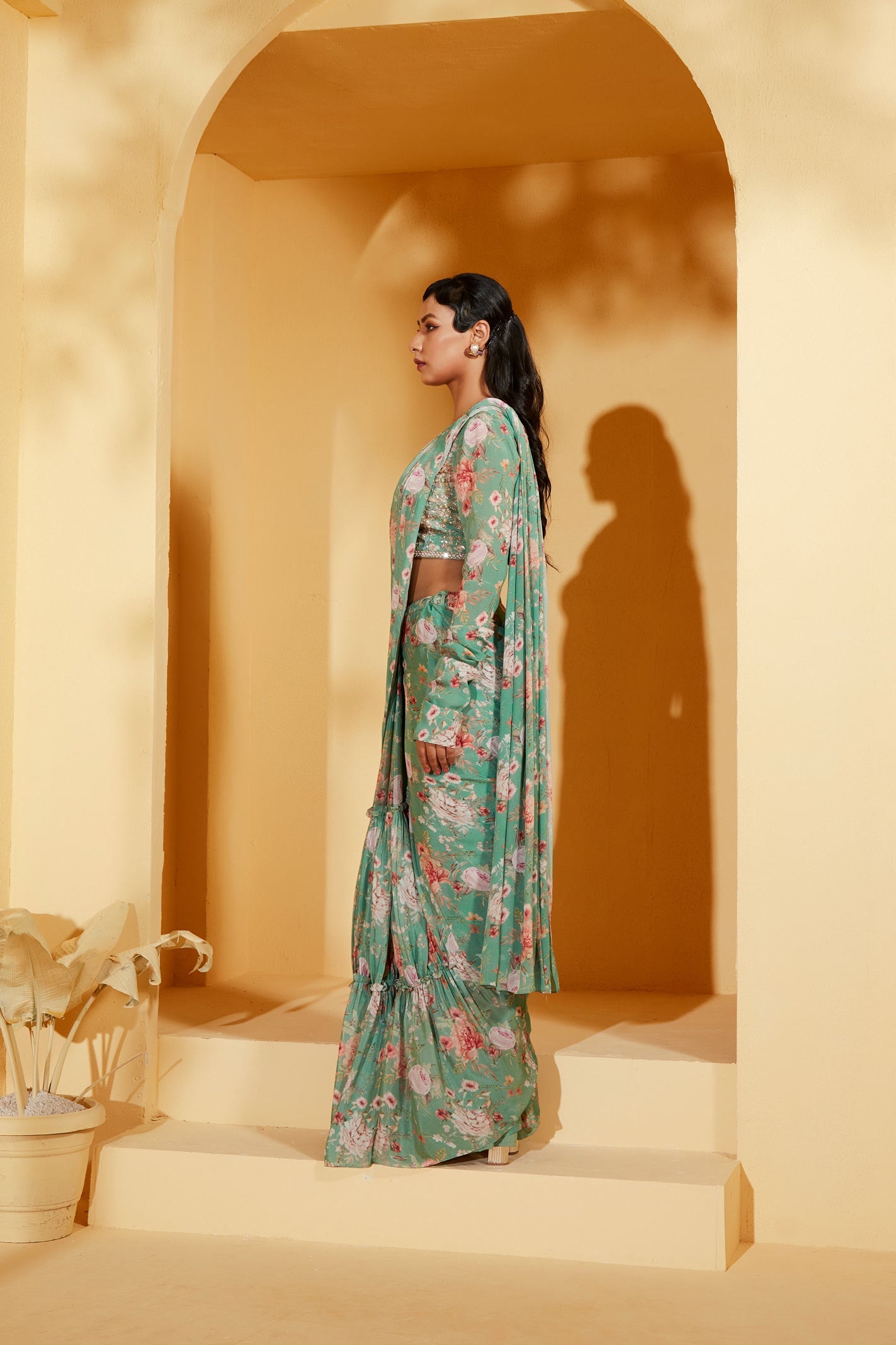 GREEN PRE DRAPE FLORAL SAREE