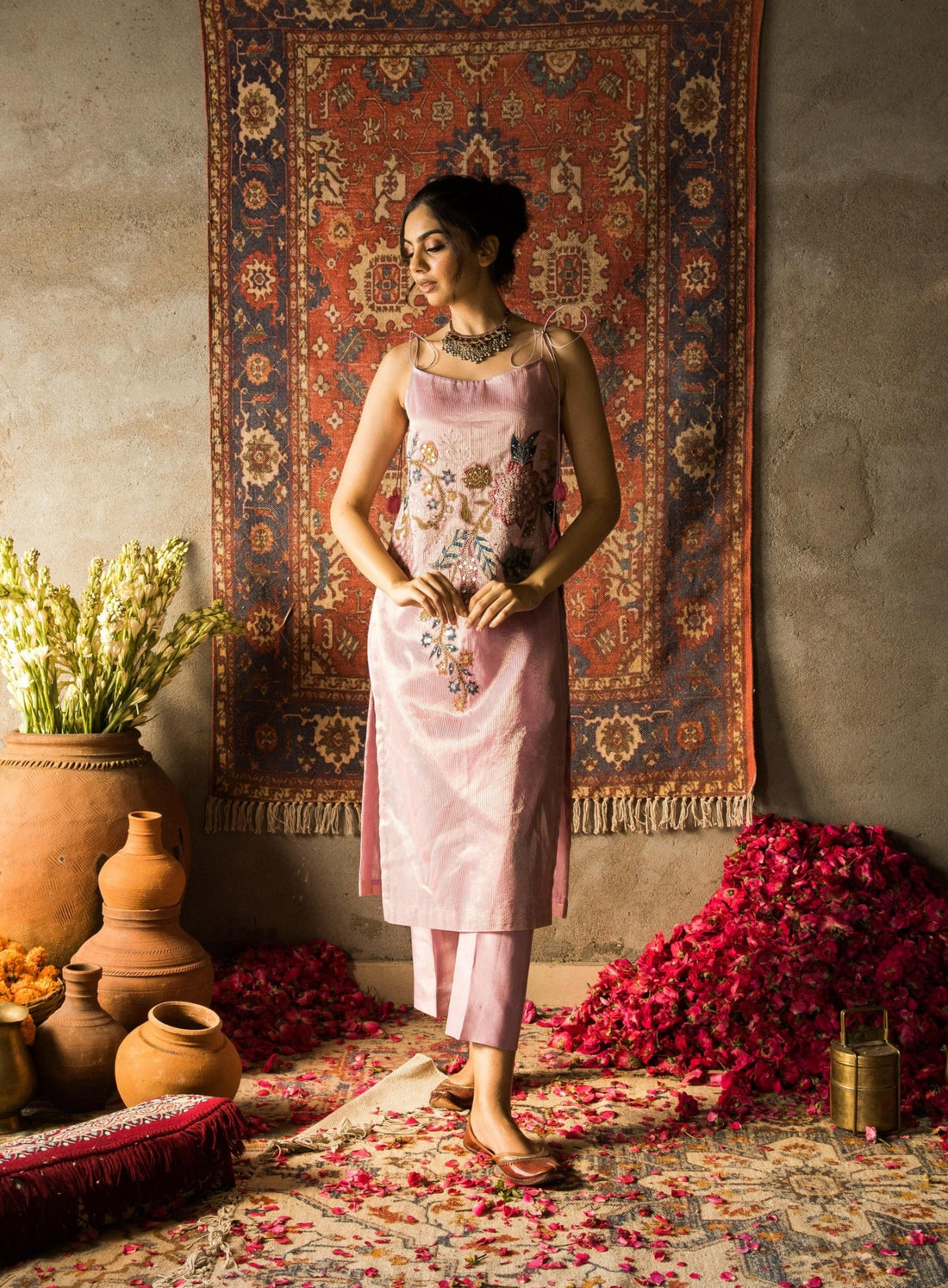 Husn-Orchid Pink Embroidered Kurti Set With Jacket