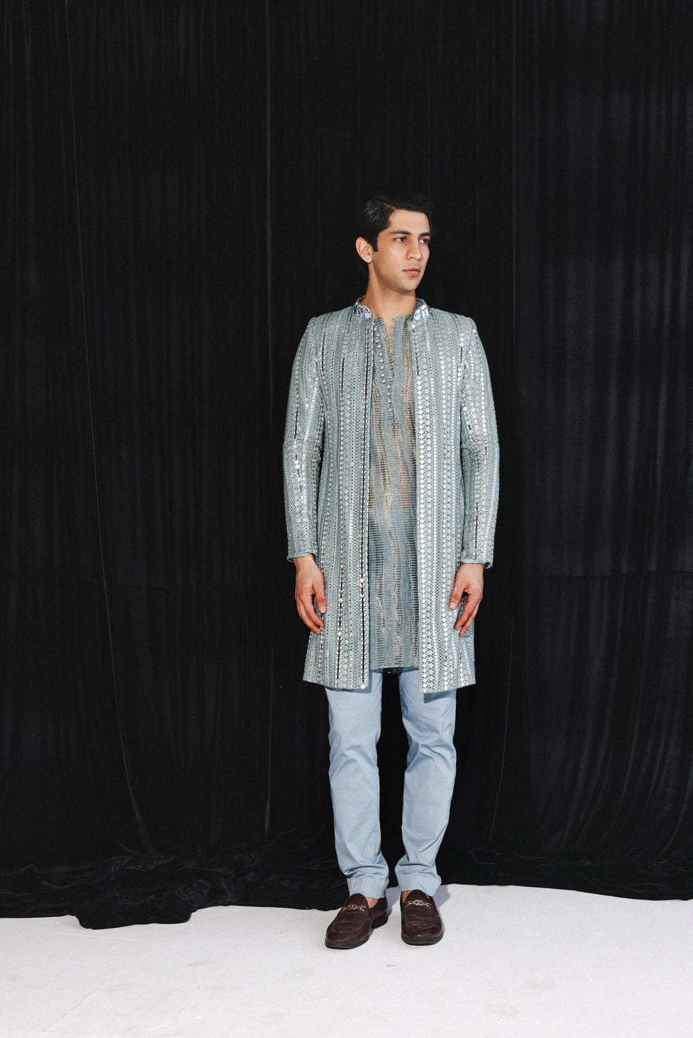 POWDER BLUE GEOMETRICAL MIRROR WORK JACKET WITH BANARASI TISSUE KURTA & PANTS
