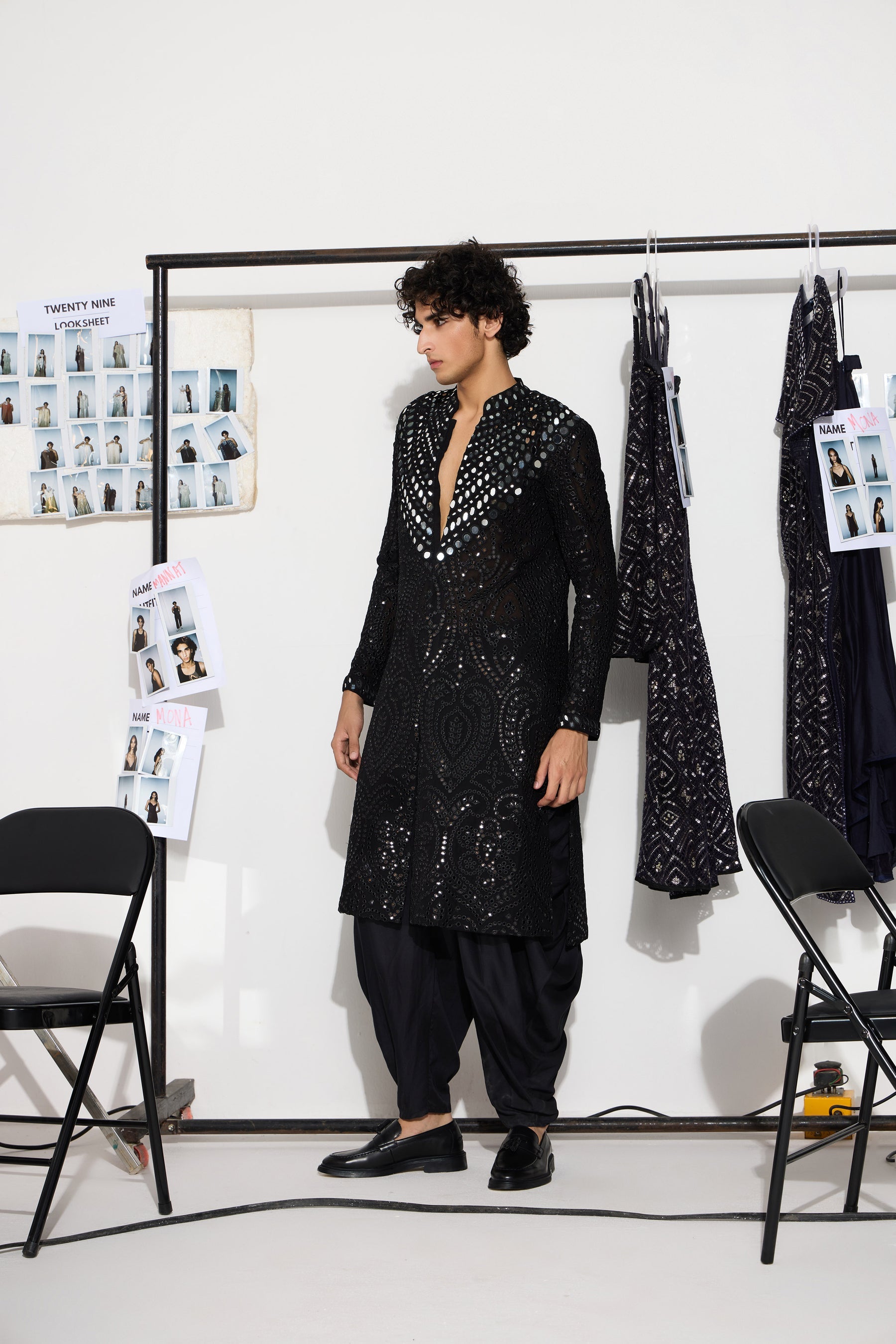 CY 29 India Black Mirrorwork Sherwani Front 2