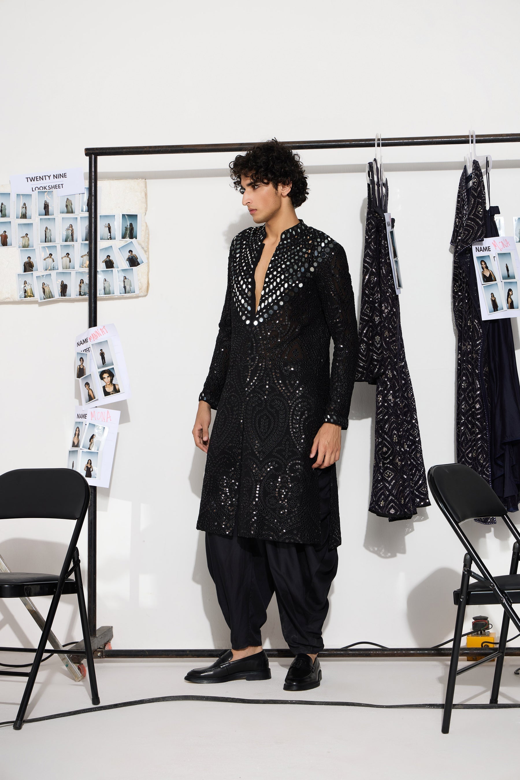 CY 29 India Black Mirrorwork Sherwani Front 2