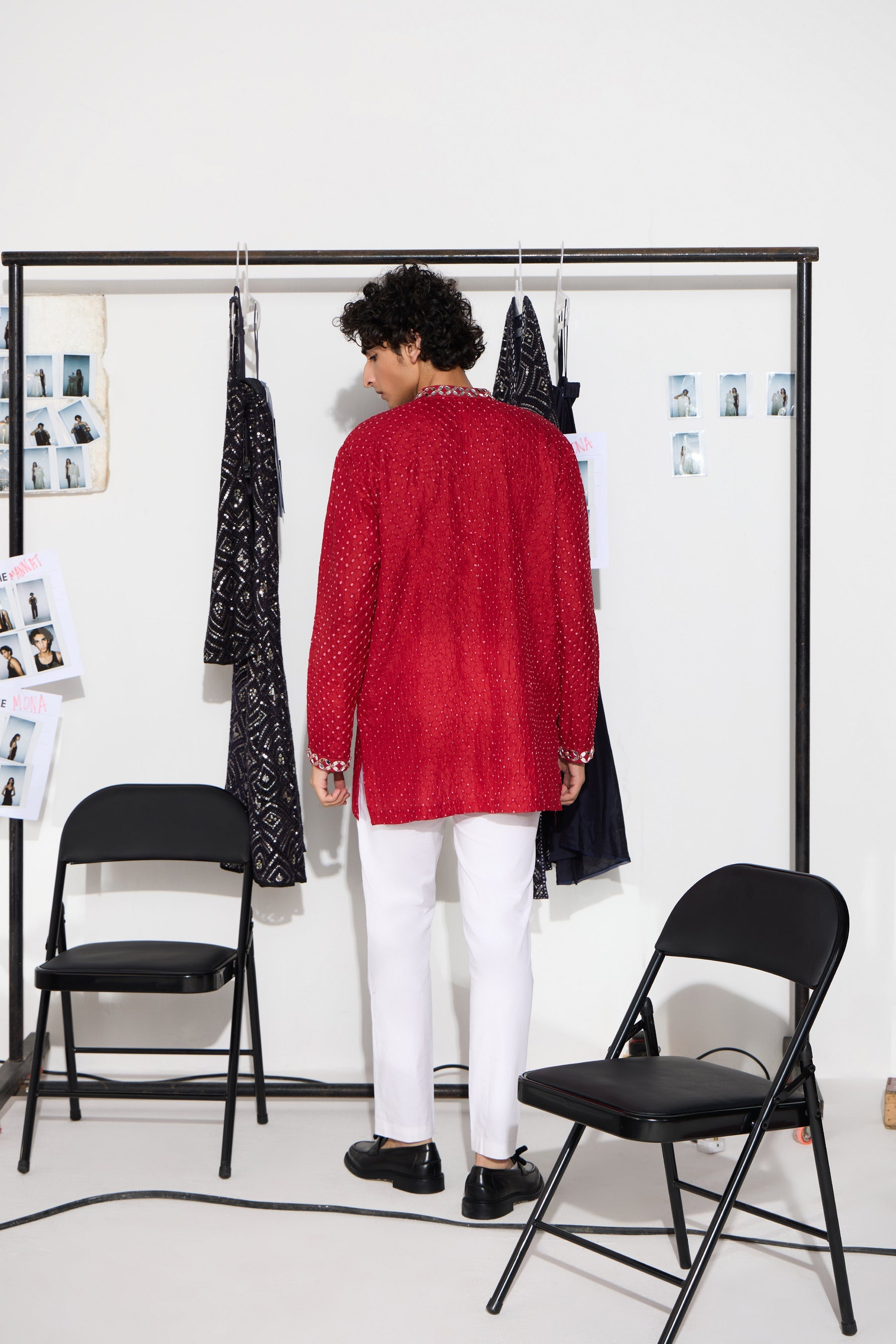 CY 29 India Red Bandhani Kurta Shirt With Off White Pants Back 1