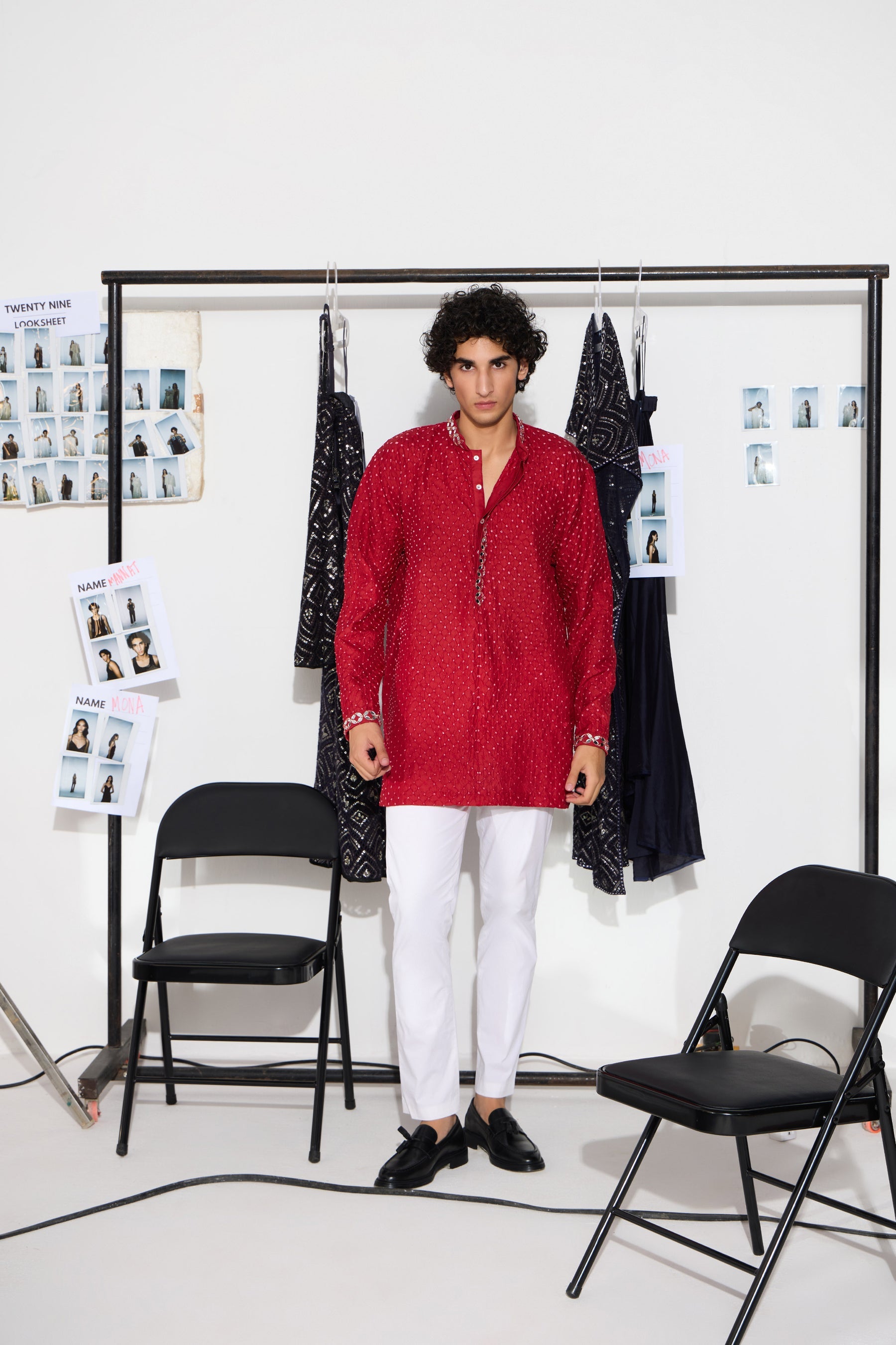 CY 29 India Red Bandhani Kurta Shirt With Off White Pants Front 1