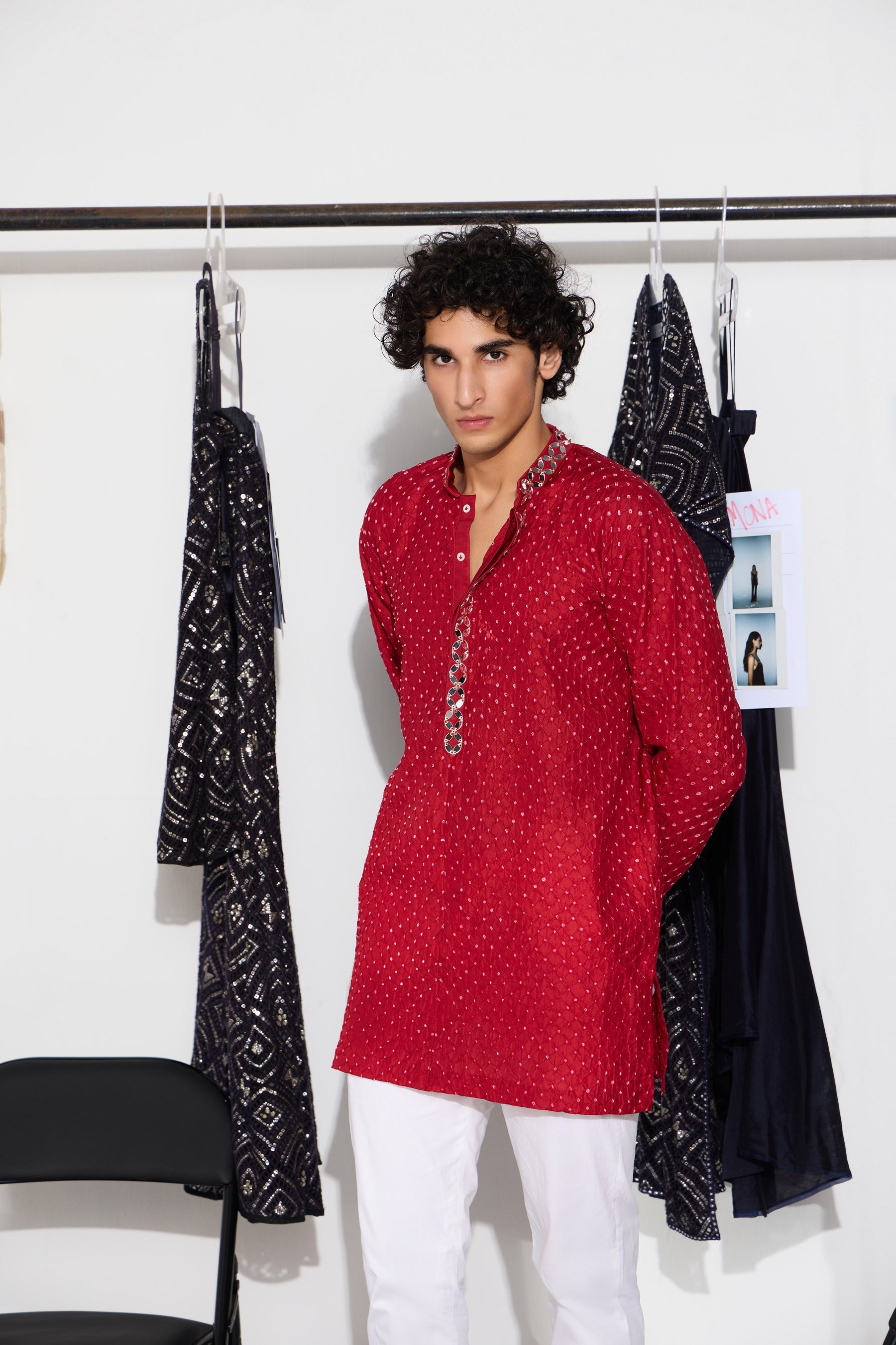 CY 29 India Red Bandhani Kurta Shirt With Off White Pants Front 2