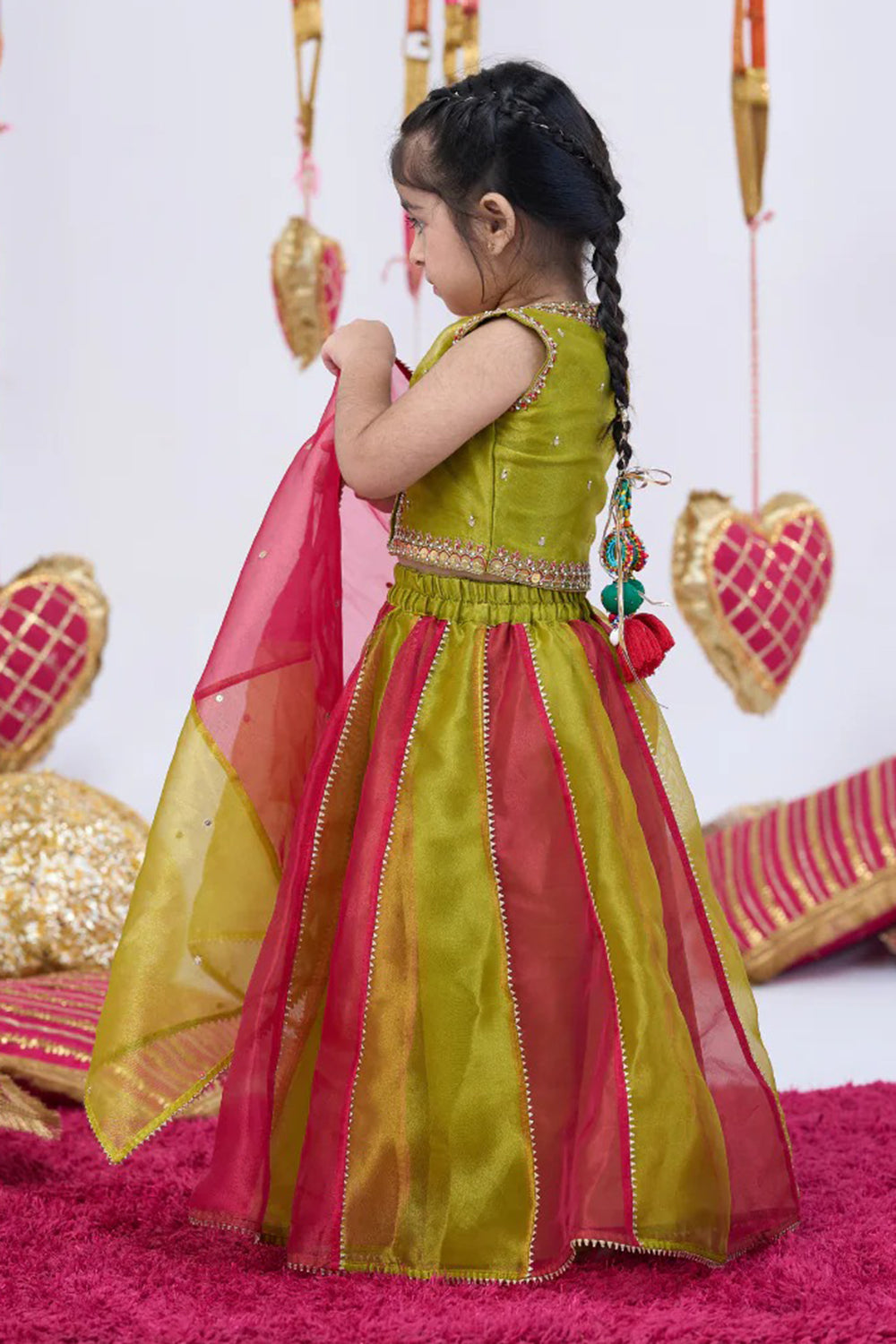 RED AND GREEN METAL WORK LEHENGA