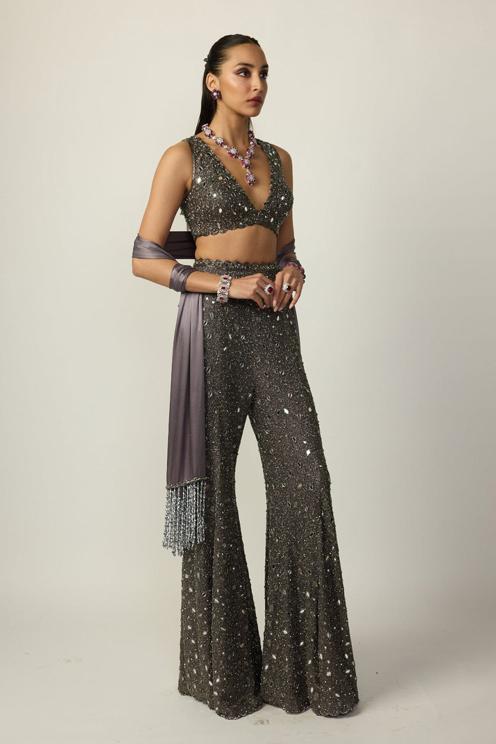 Metallic Grey Sharara Pant Set
