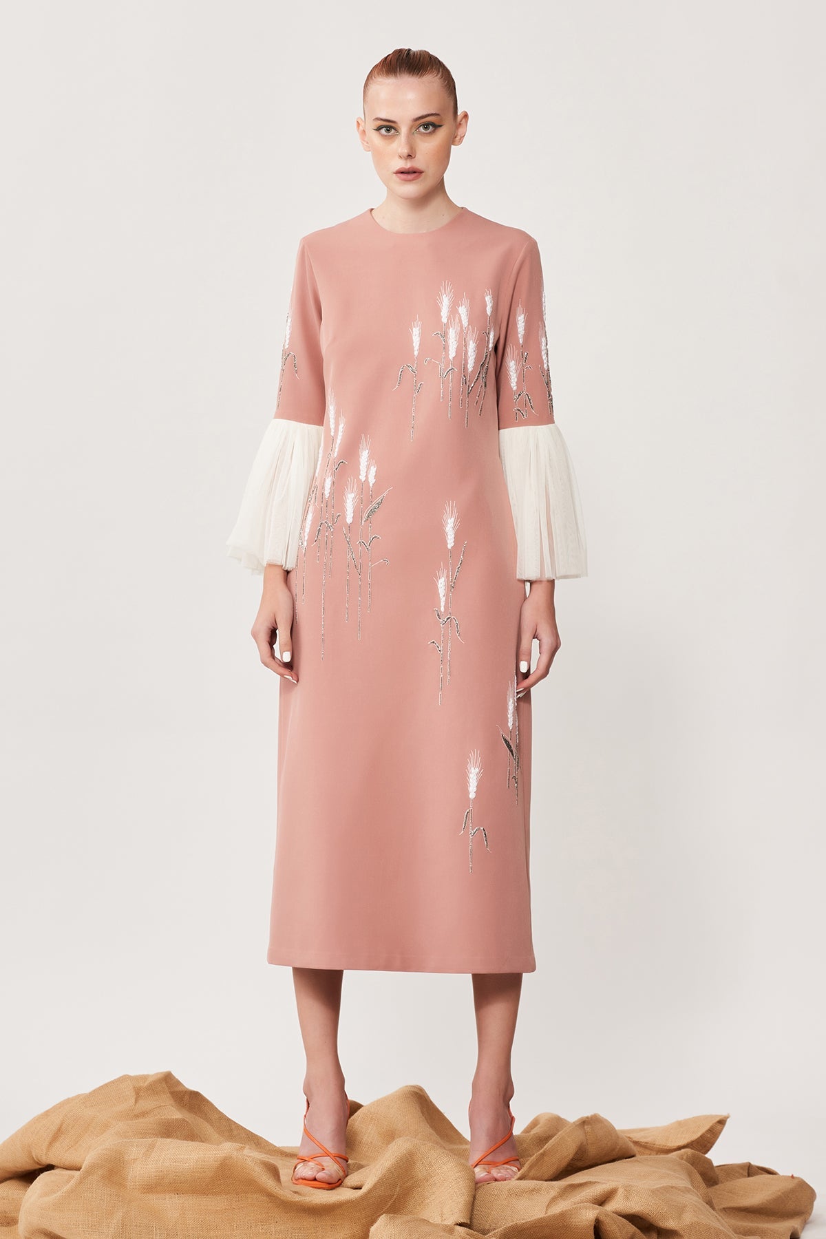 Wheatgrass Midi Dress With Frill Sleeves