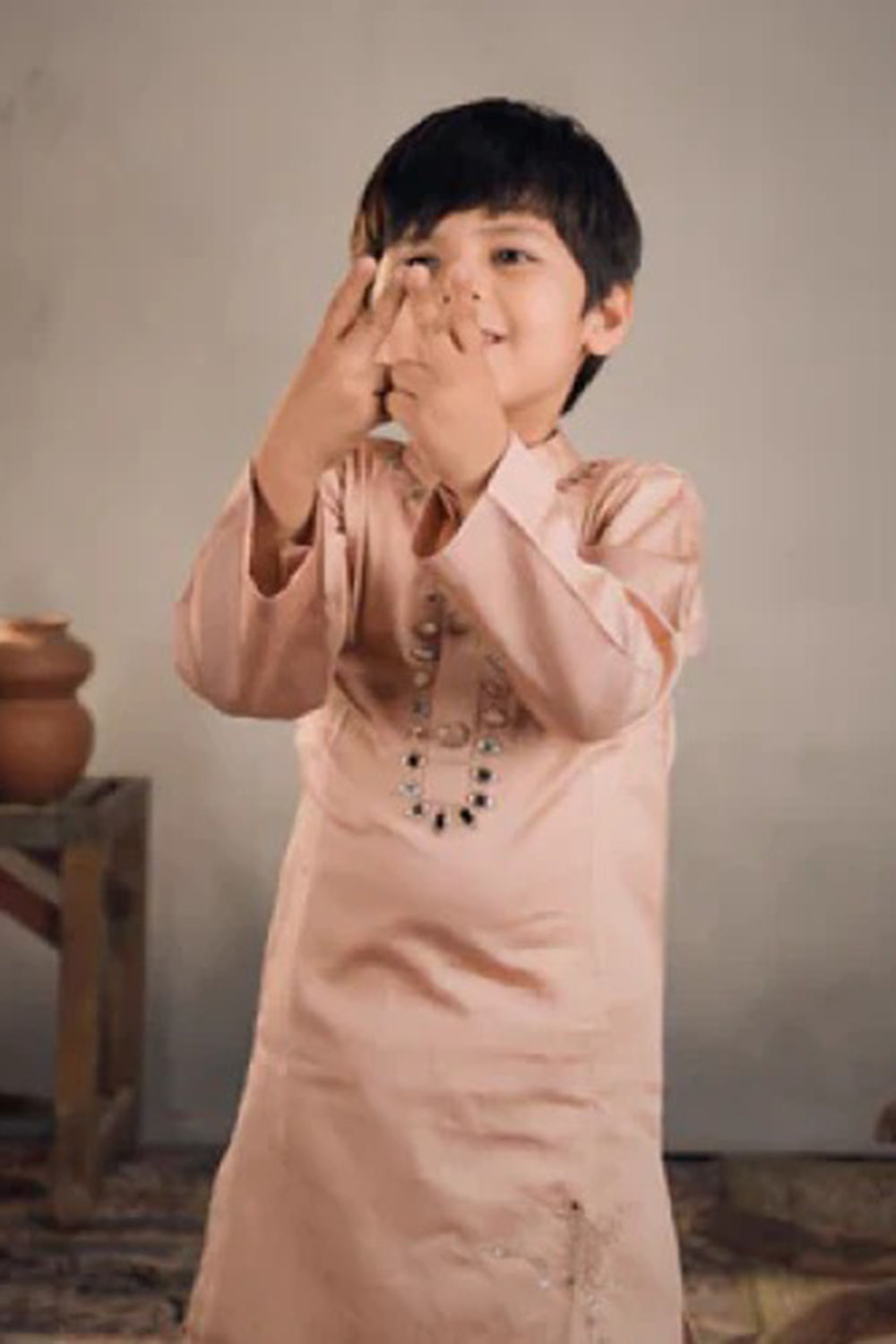 PEACH BIRD MIRROR WORK KURTA