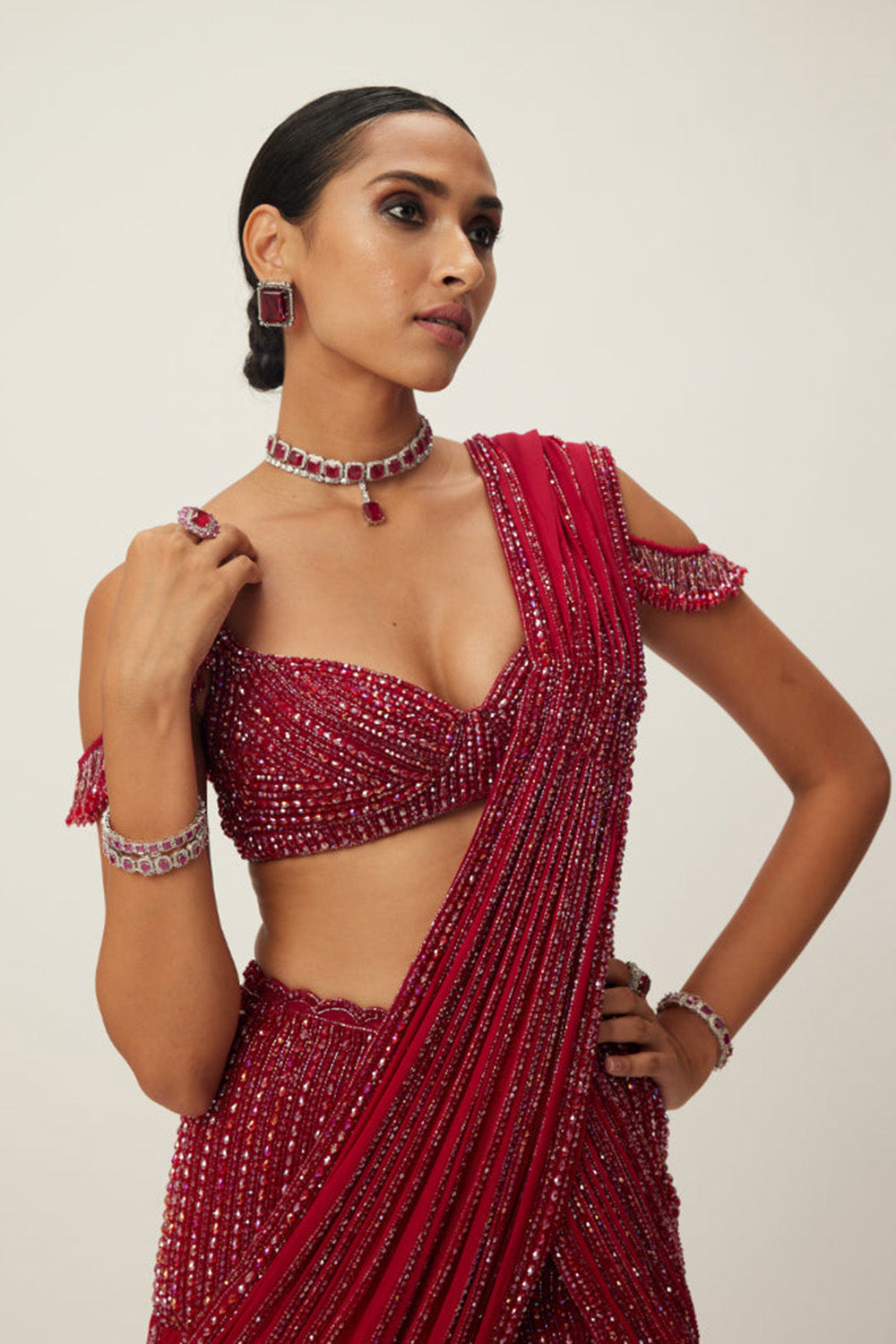 Ruby Red Pre Draped Crystal Embellished Saree Set