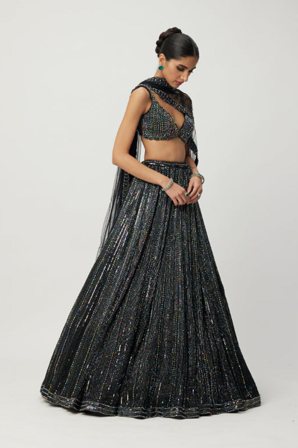 Black crystal Linear Embroidered Lehenga Set