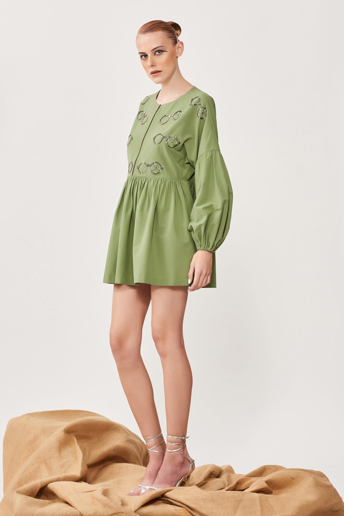 Time Vision Balloon Sleeves Gather Mini Dress