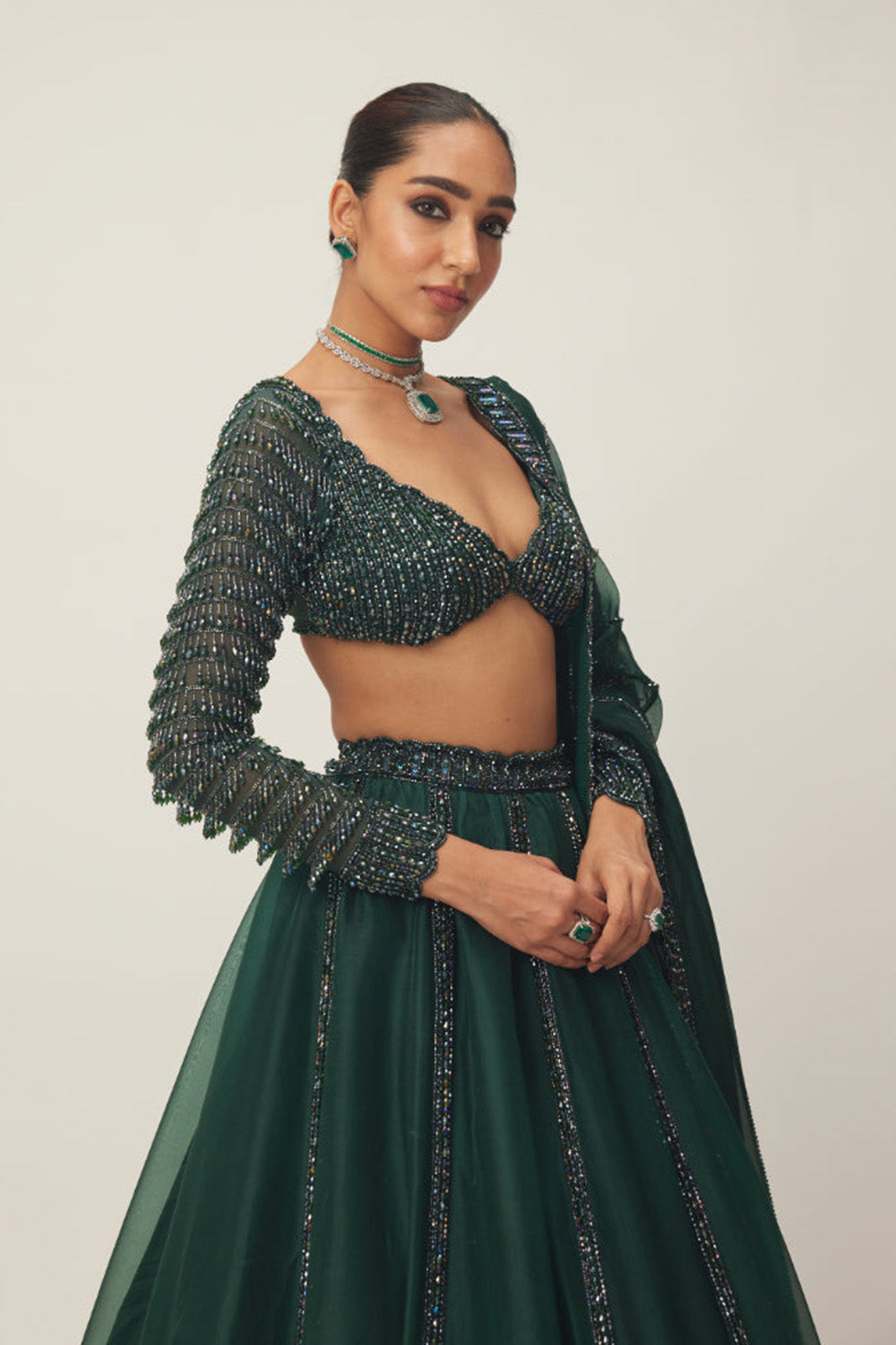 Dark Jade Green Organza Lehenga Set