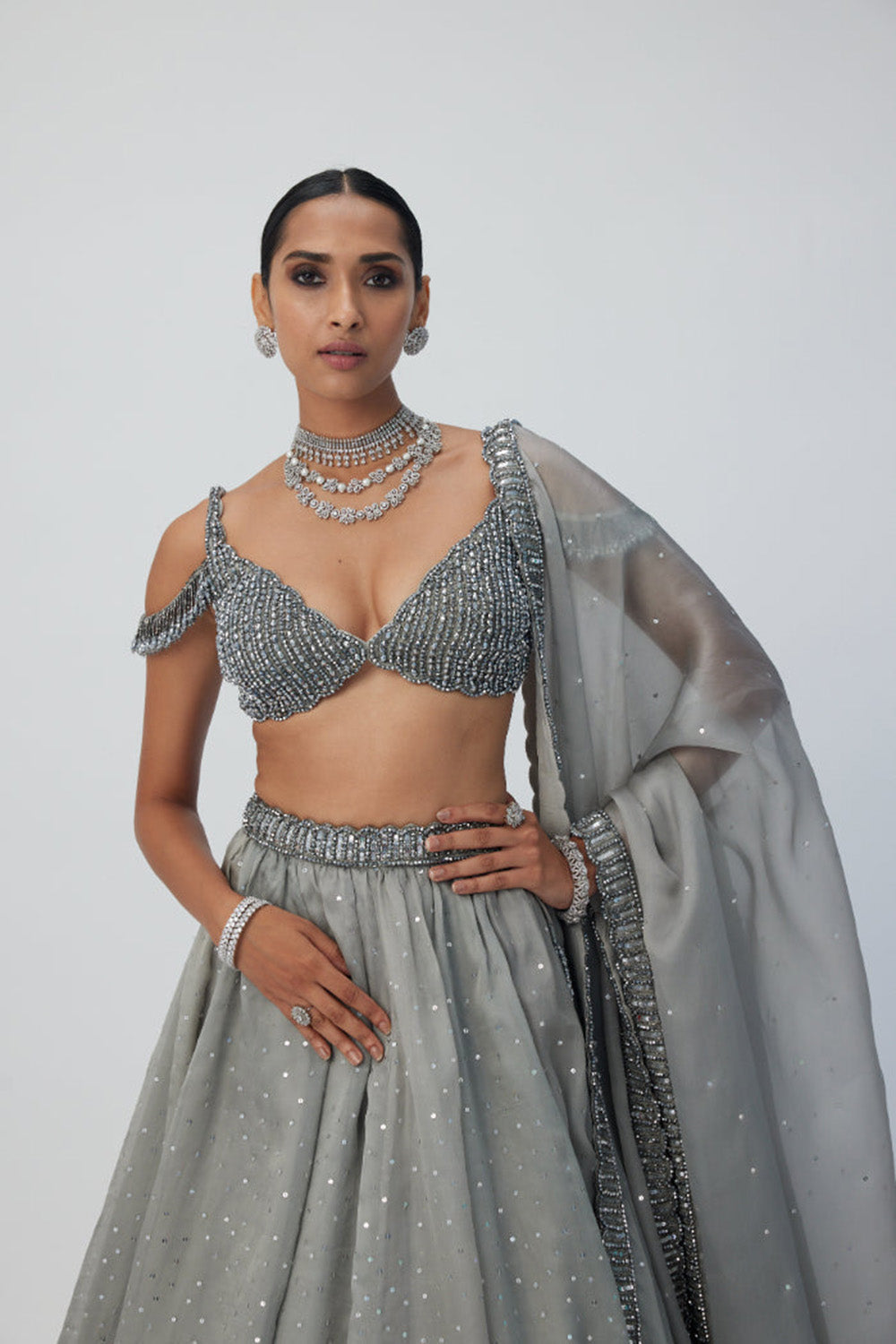 Crystal Grey Sequins Scattered Organza Lehenga Set