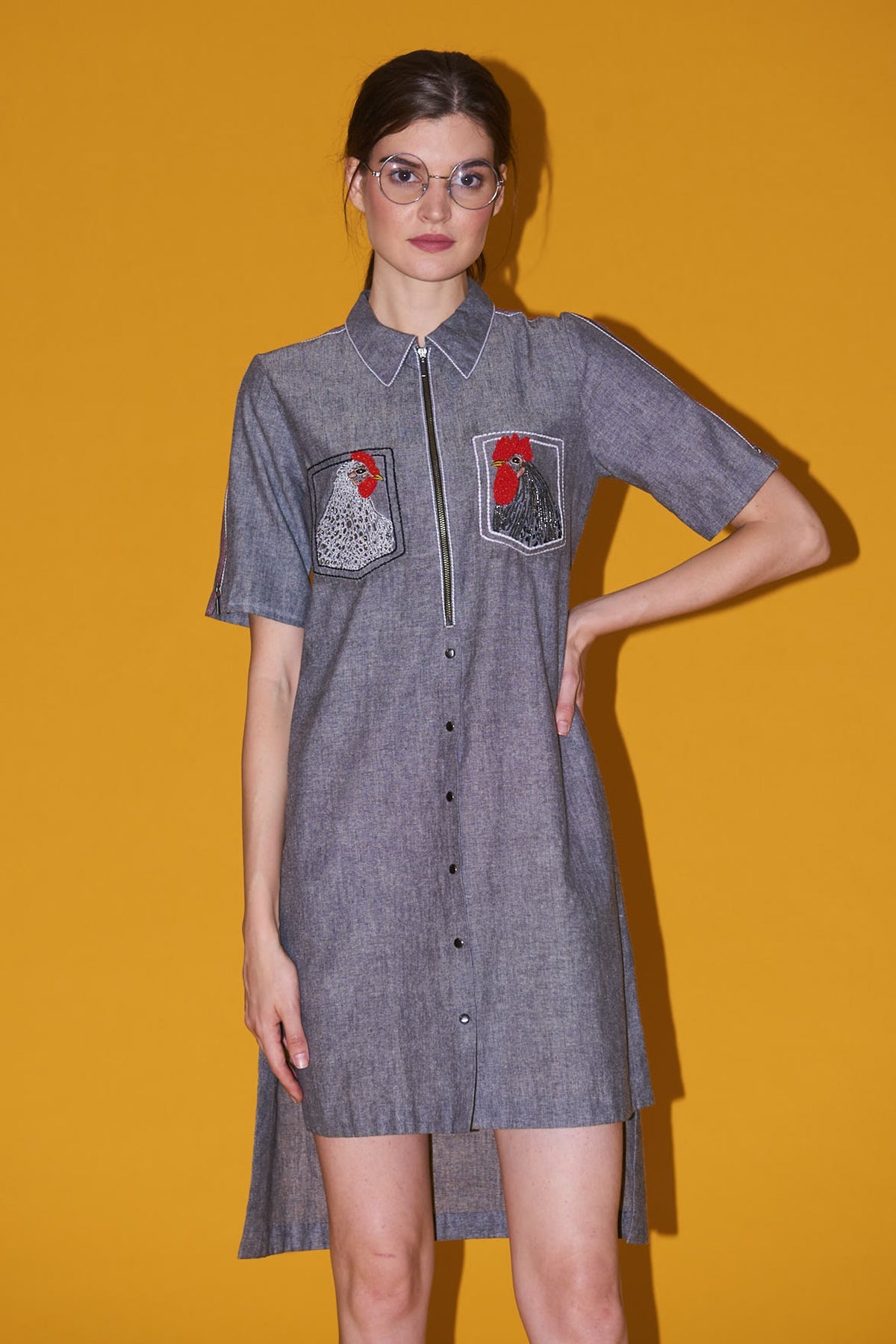 Rooster On Pockets High Low Zipper Shirt Dress
