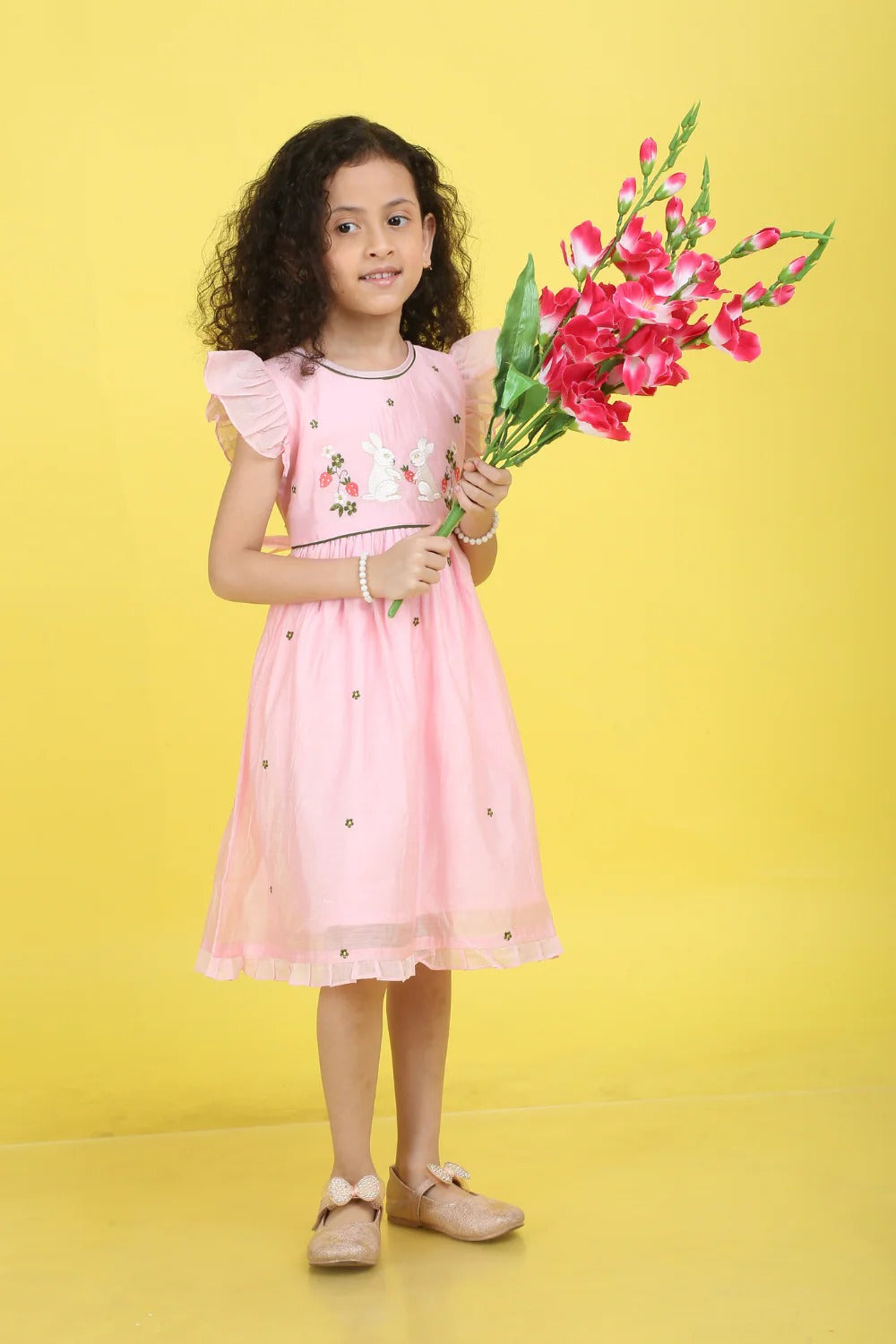 PEACH RABBIT EMBROIDERY DRESS