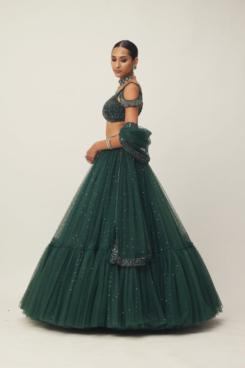 Dark Jade Green Sequins Scattered Tulle Lehenga Set