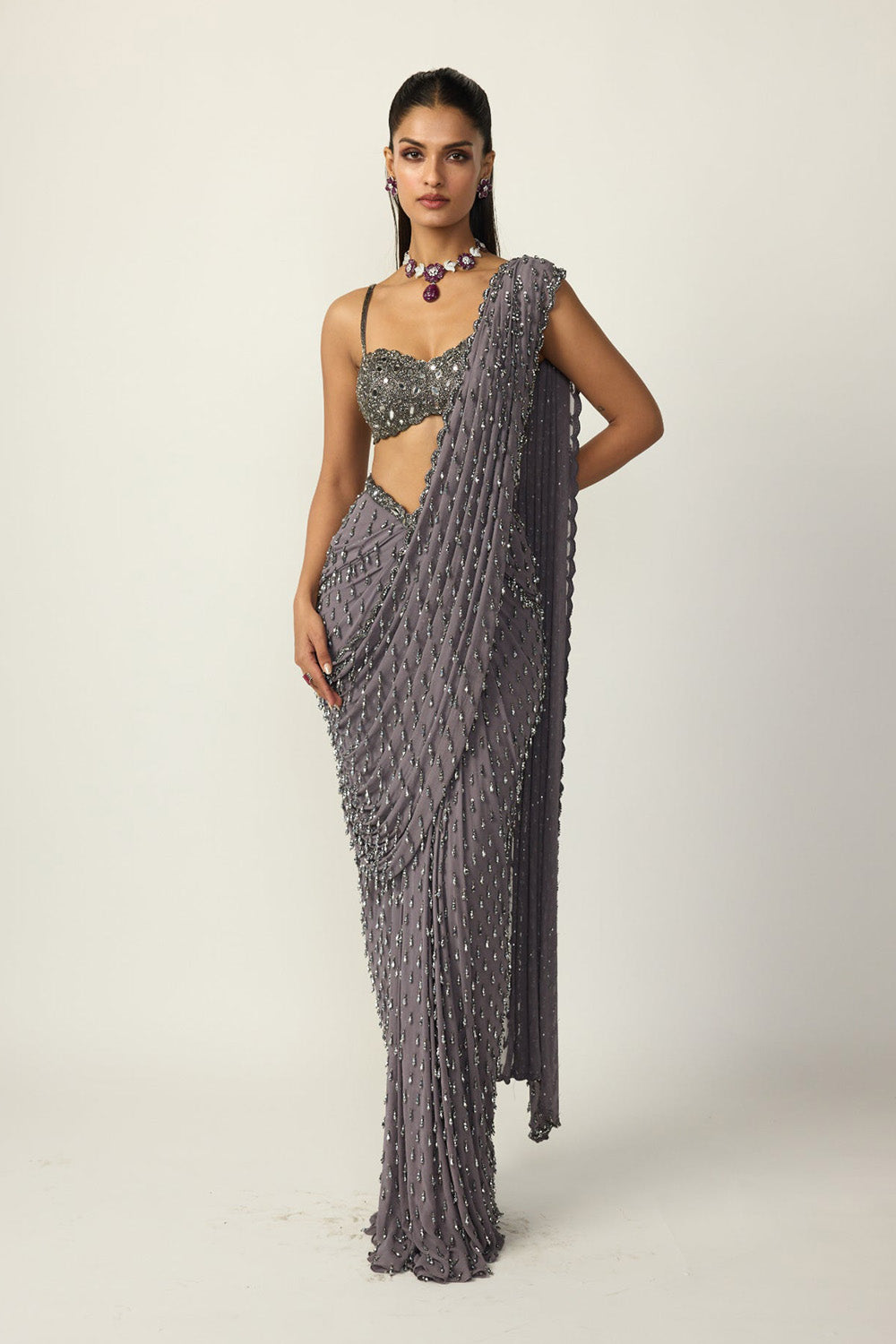 Metallic Grey Single Drop Draped Saree Set