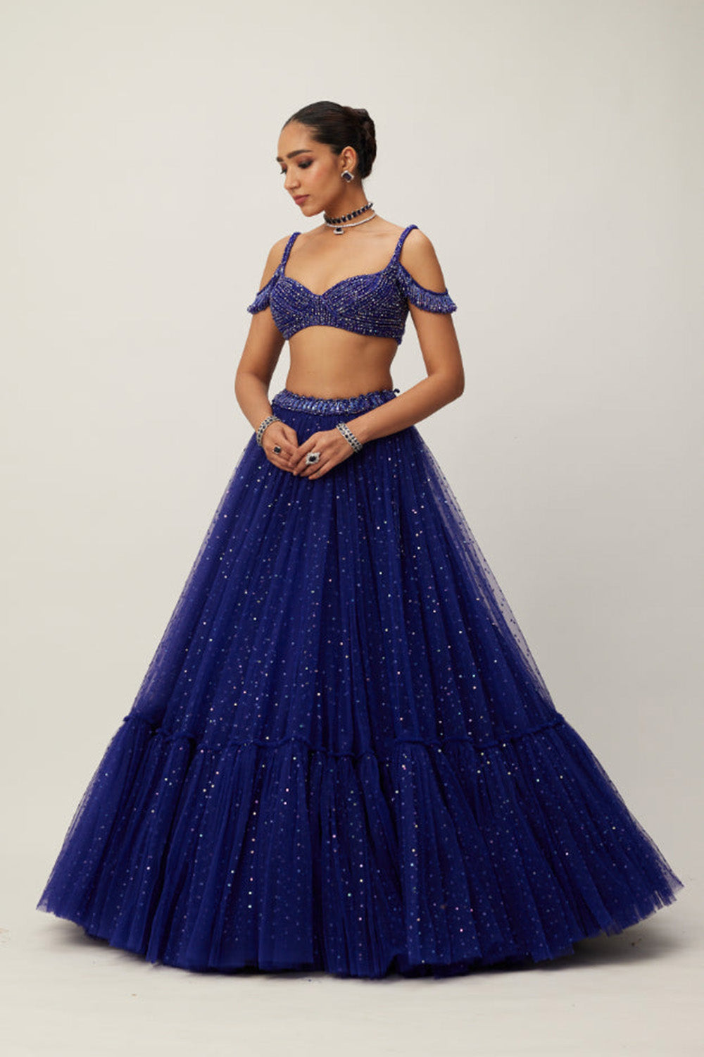 cocktail Blue Sequins Scattered Tulle Lehenga Set