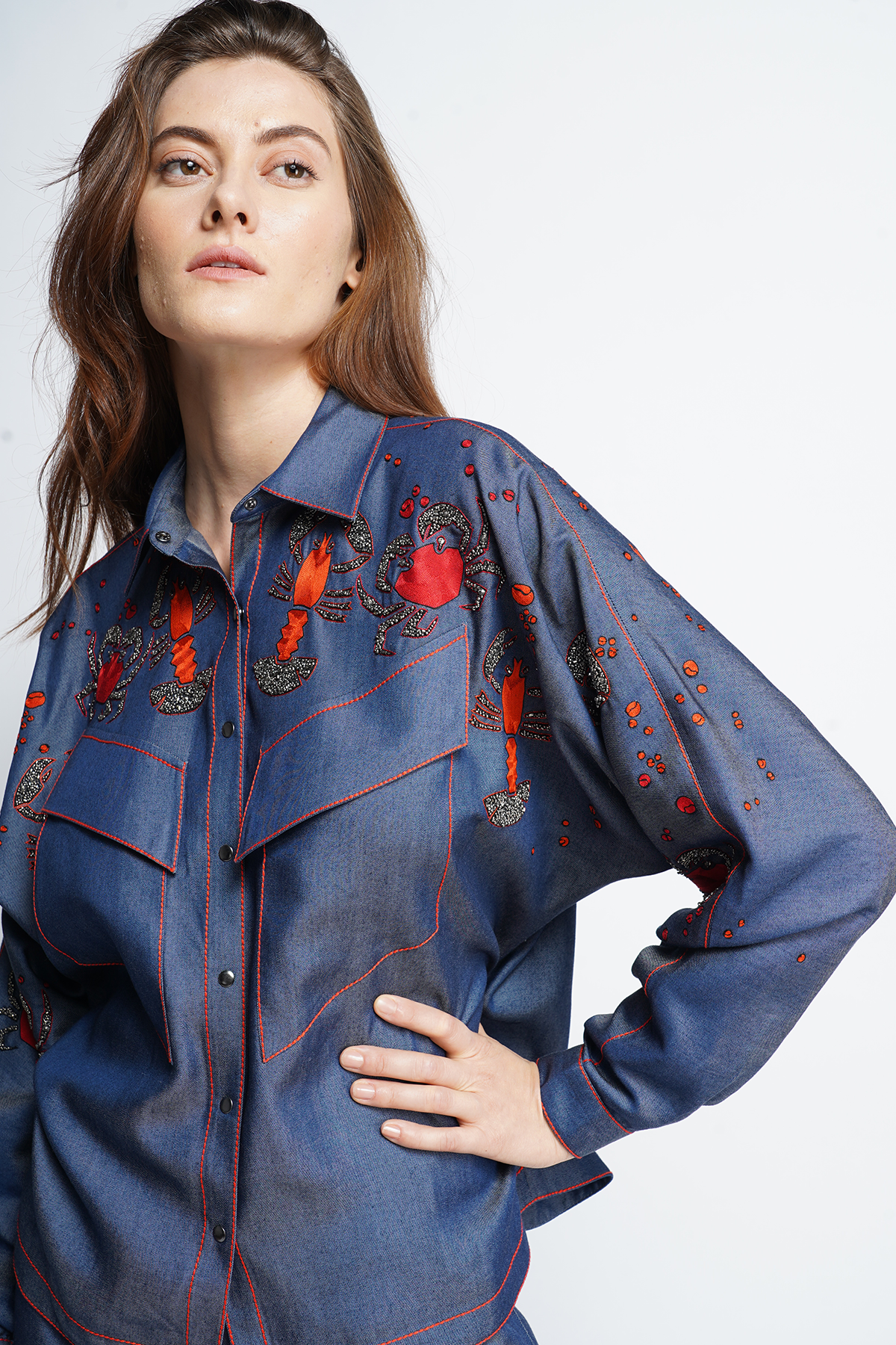 Crab And Prawns Slant Pocket Shirt With Matching Crop Flared Pants