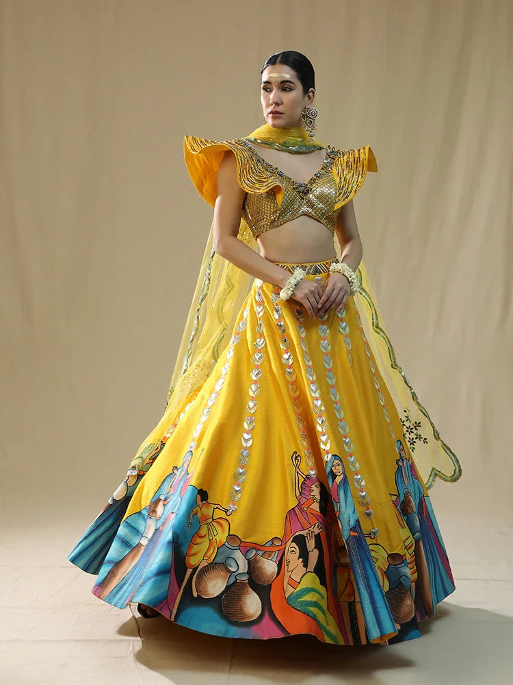 yellow modern baraat lehnga set