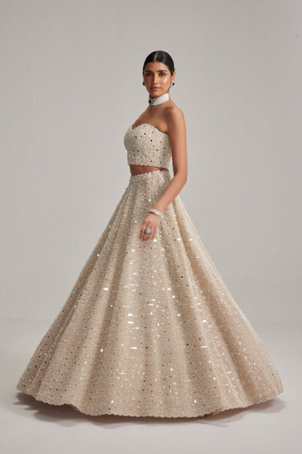 Light Beige Dense mirror and pearl Corset lehenga set