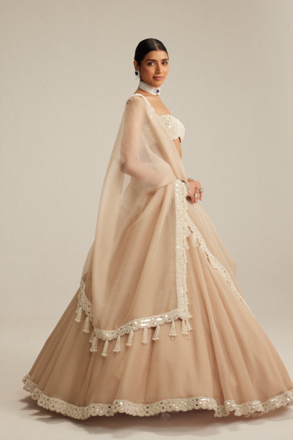 Light Beige Organza mirror and pearl lehenga set