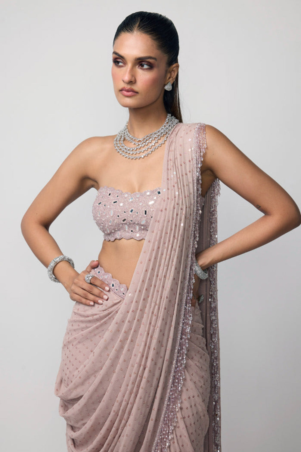 Ash Pink Drapded Saree Set