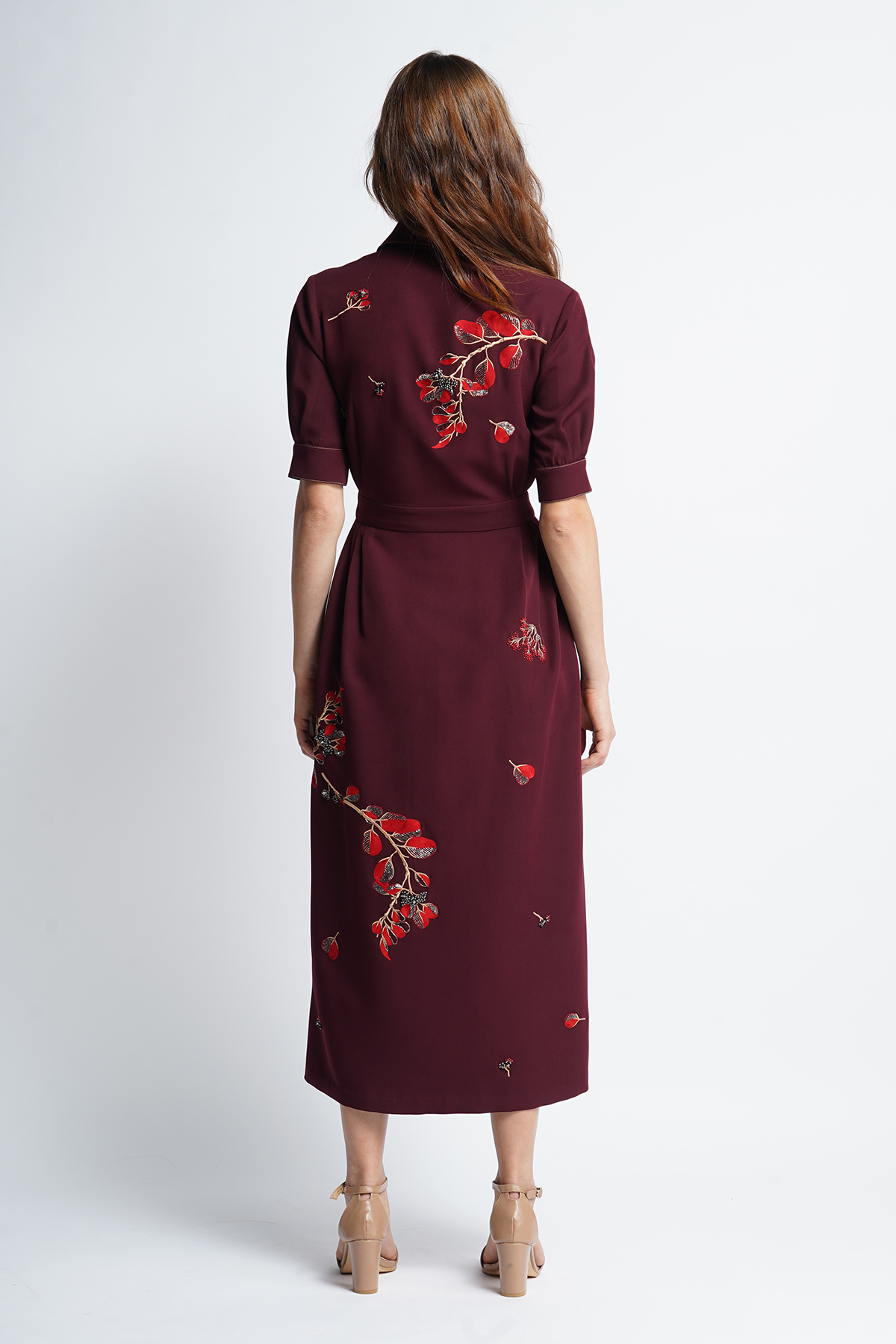 Botanical Stem And Dragonfly Side Pleated Front Open Dress