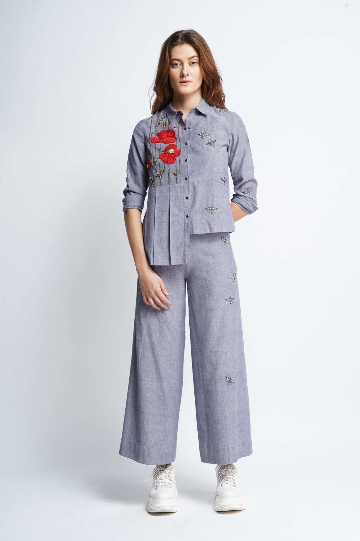 Poppy Garden Side Pleated Shirt with Matching Pants