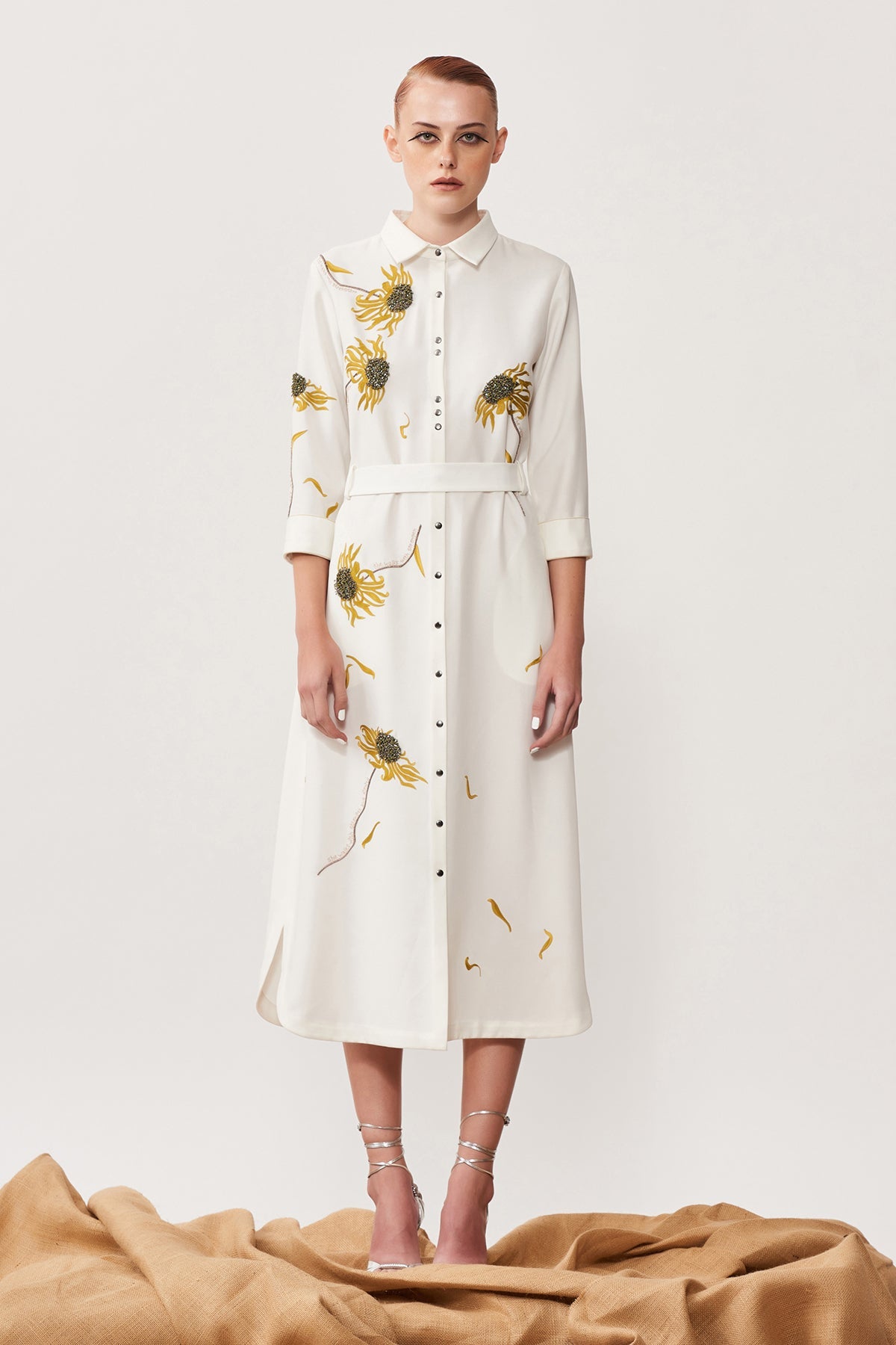Withering Flower Long Shirt Dress With Belt