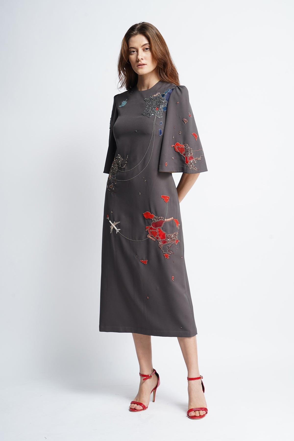 Map Midi Dress With Wide Sleeves