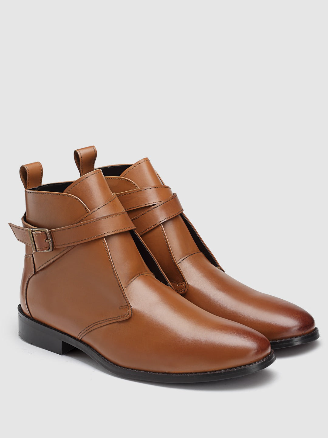 Mid Top Block-Heel Tan Leather Regular Boots With Buckle