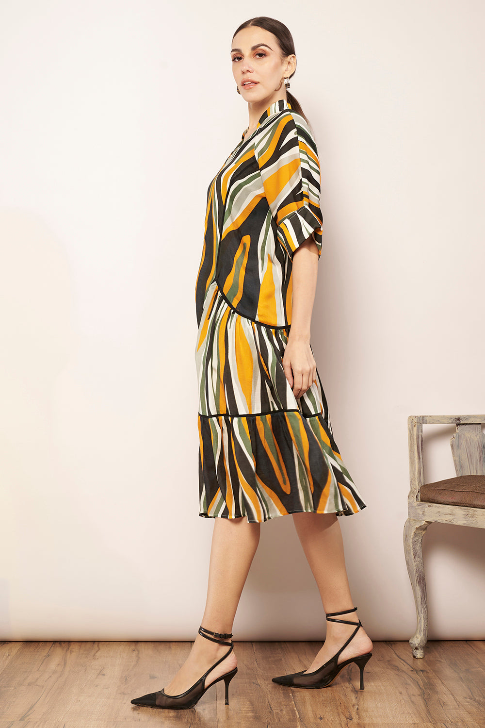 Ivory/Black Printed Midi Dress