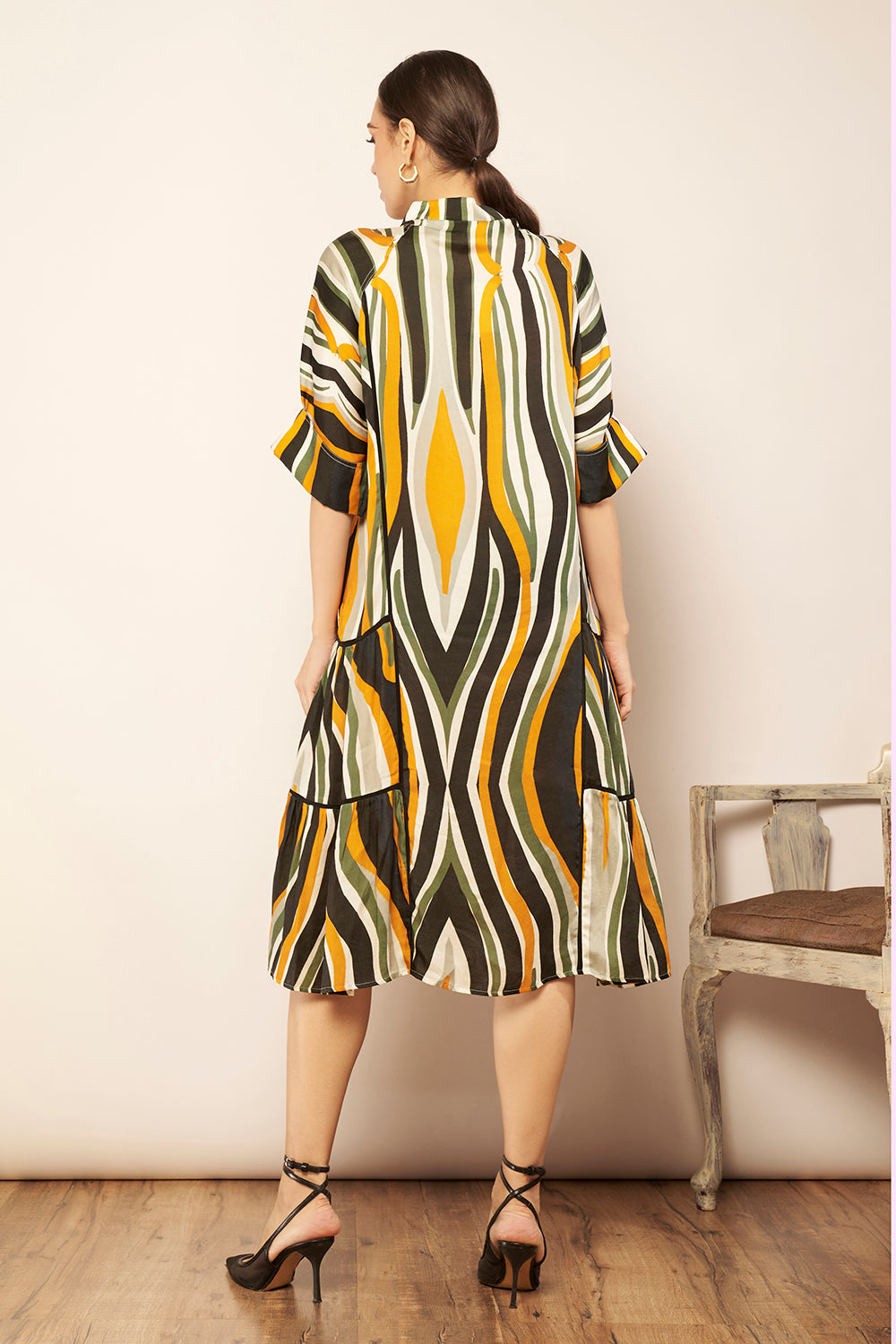 Ivory/Black Printed Midi Dress