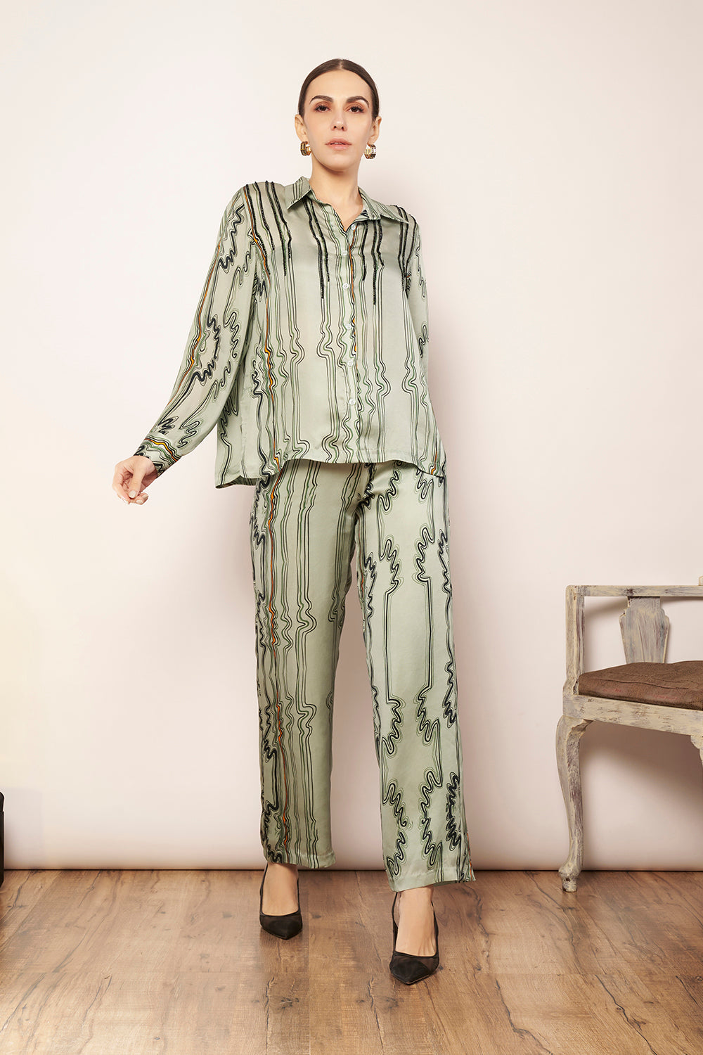 Light Green Embellished Printed Shirt