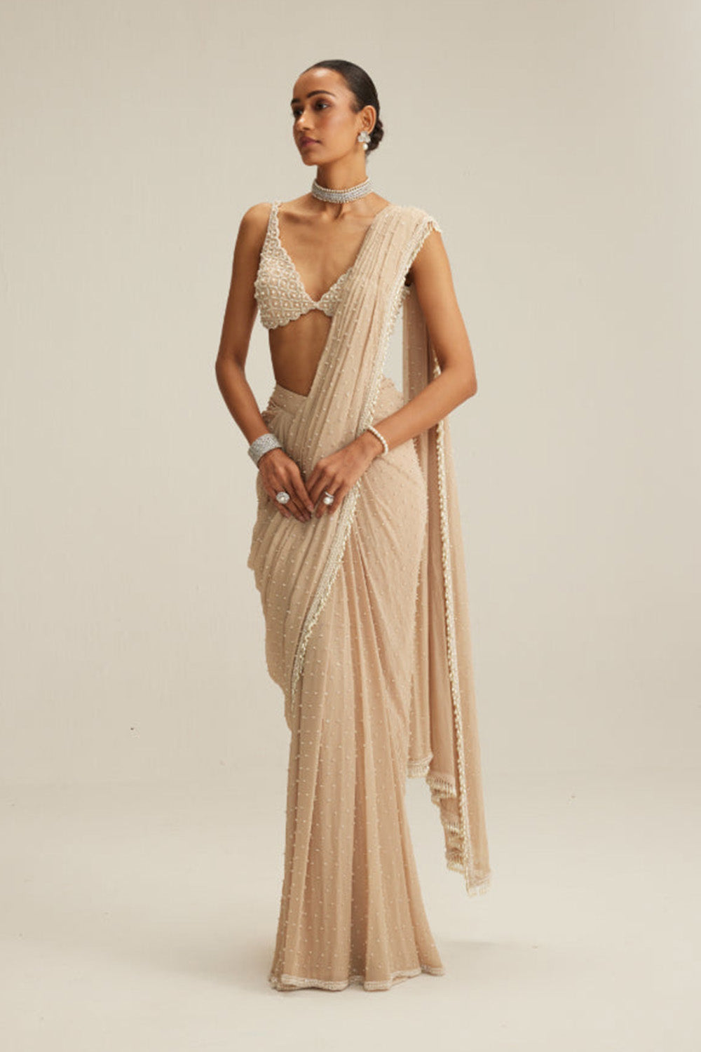 Light Beige Draped Saree Set
