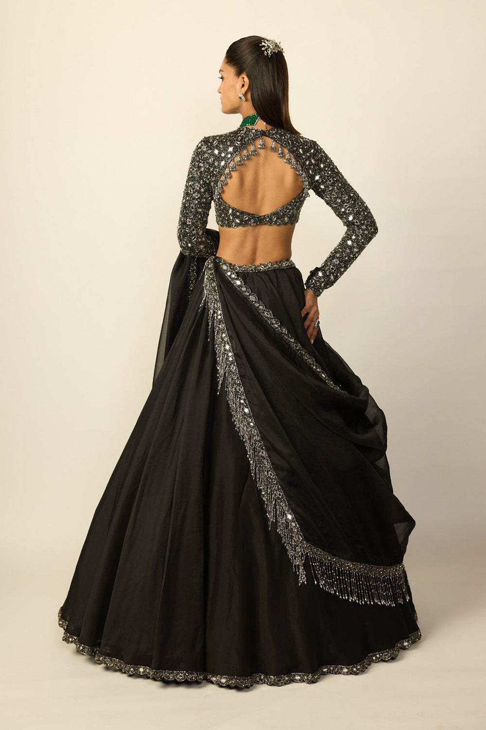 Black Tassel Dupatta Lehenga Set