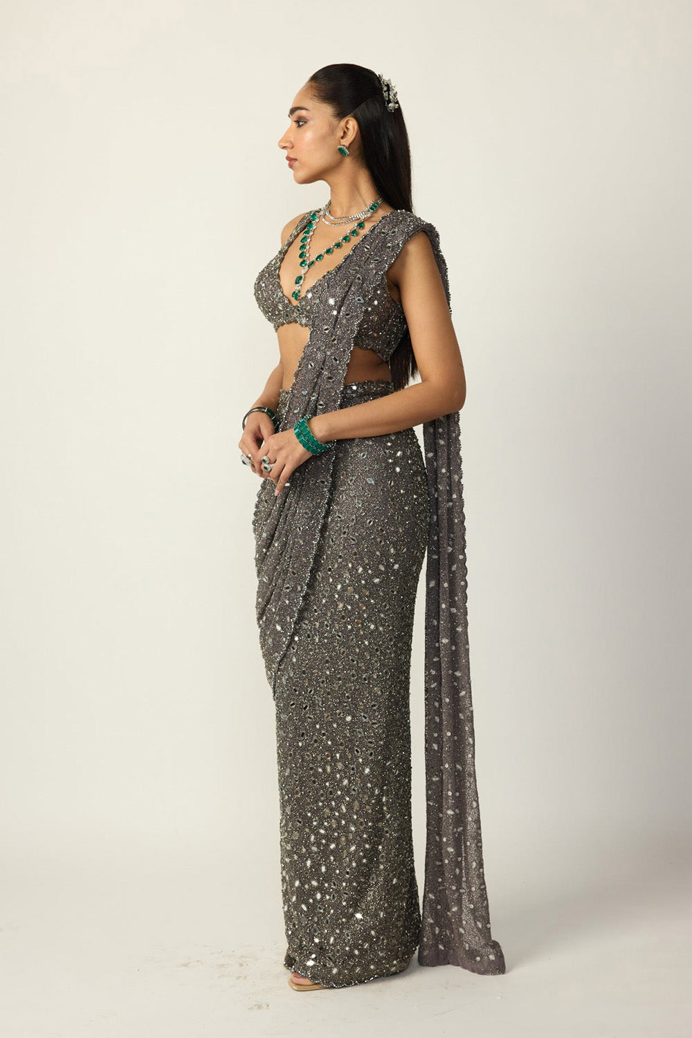 Metallic Grey Draped Saree Set