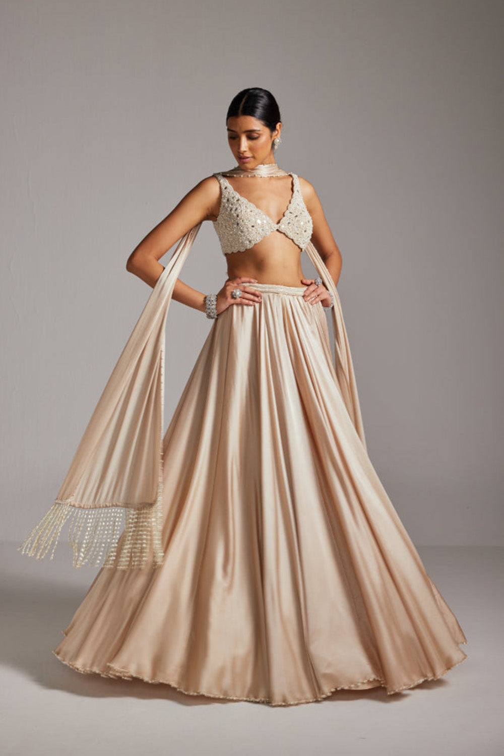 Light Beige V Neck Satin skirt Set