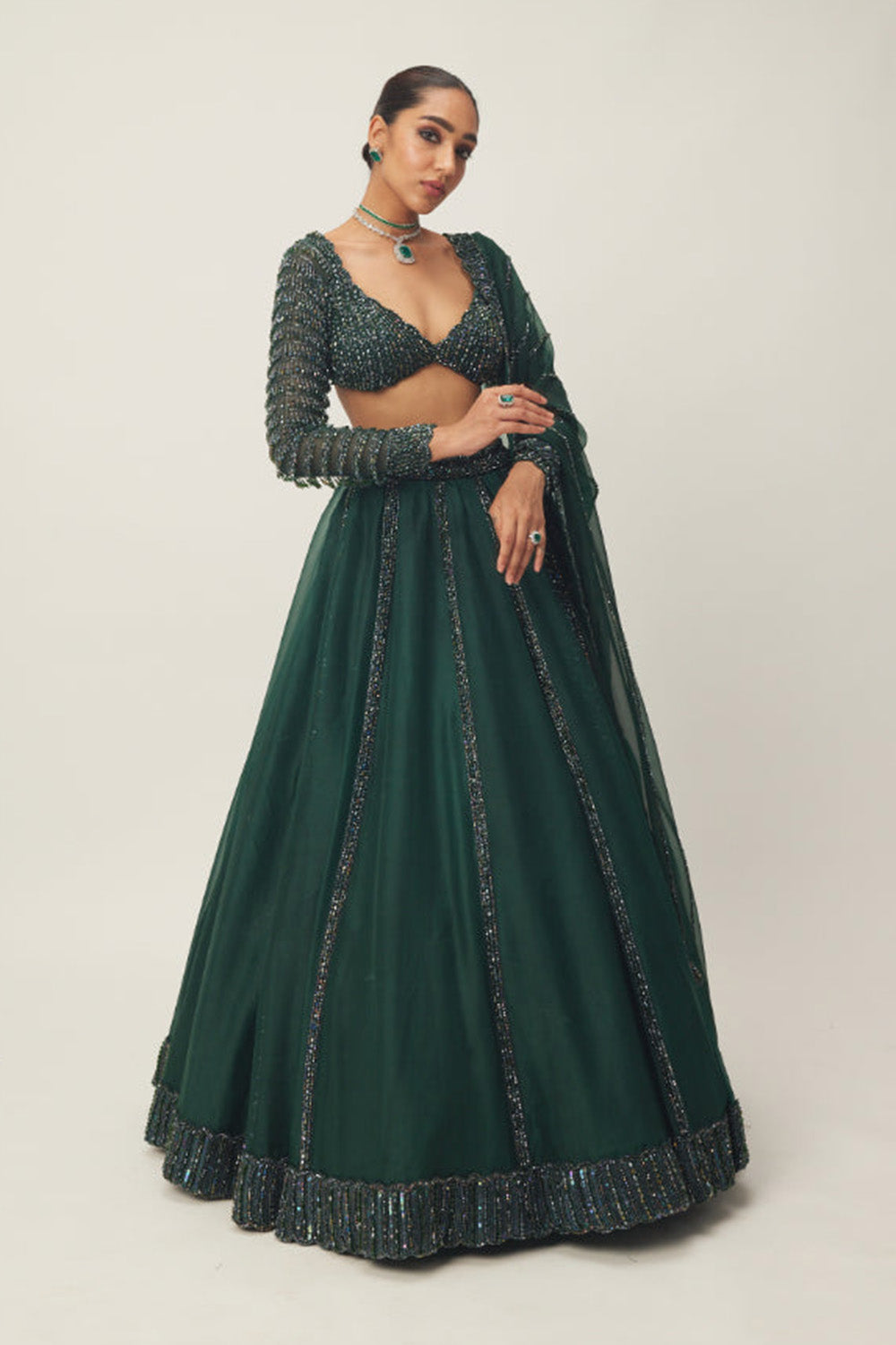 Dark Jade Green Organza Lehenga Set