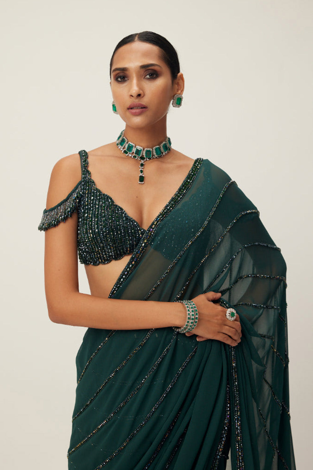 Dark Jade Green Crystal Linear Embroidered Saree