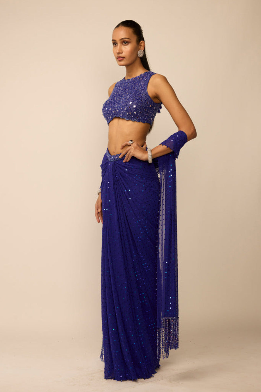 Cocktail Blue Sequins Embroidered Draped Skirt Set