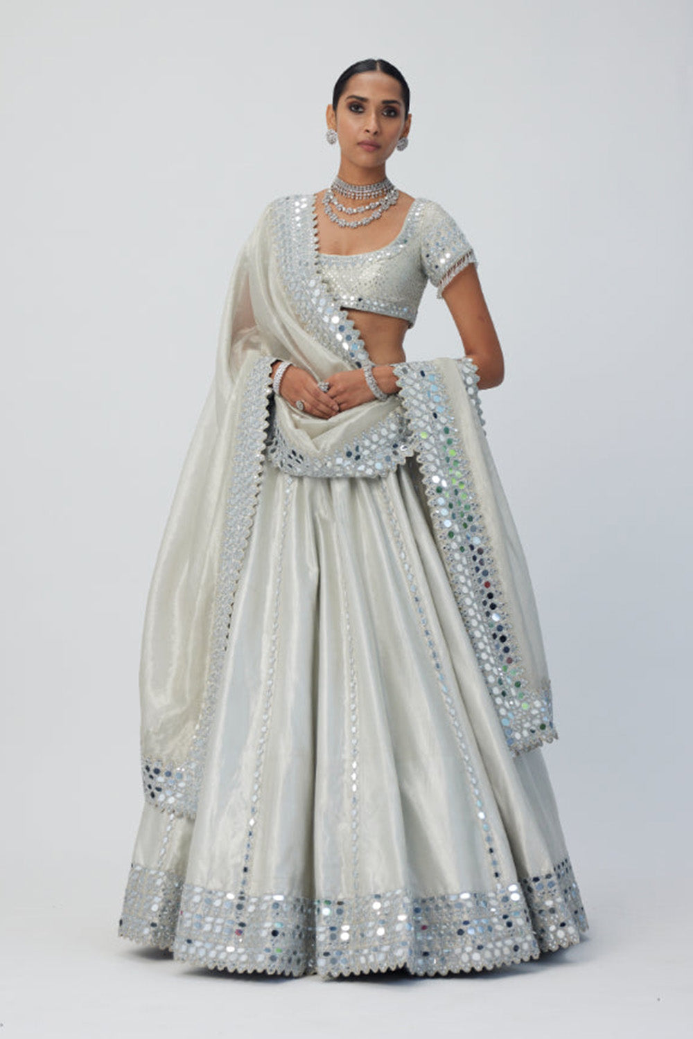 Silver Shimmer Organza Linear Lehenga Set