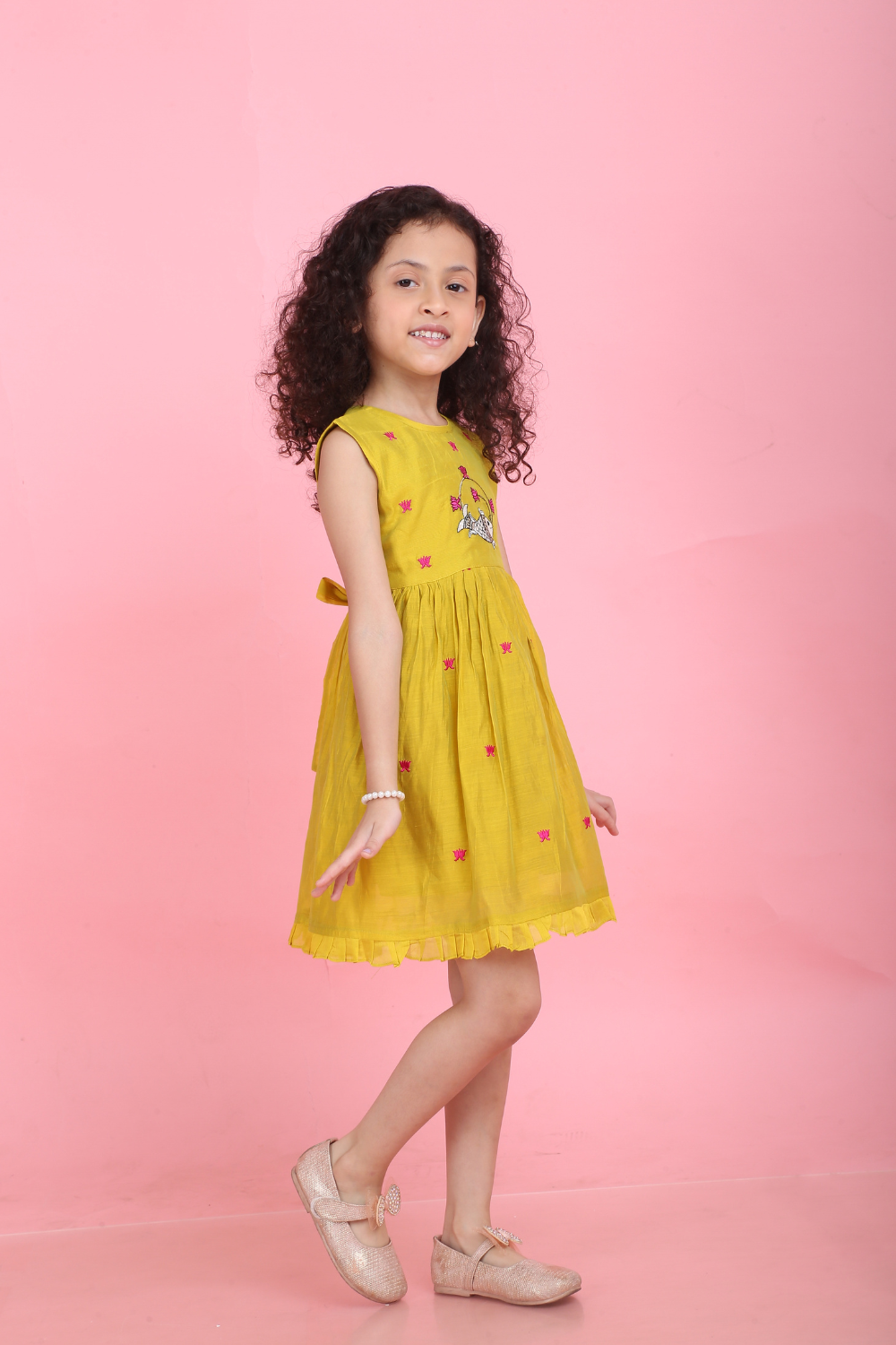 MUSTARD PICHWAI FISH AND LOTUS DRESS