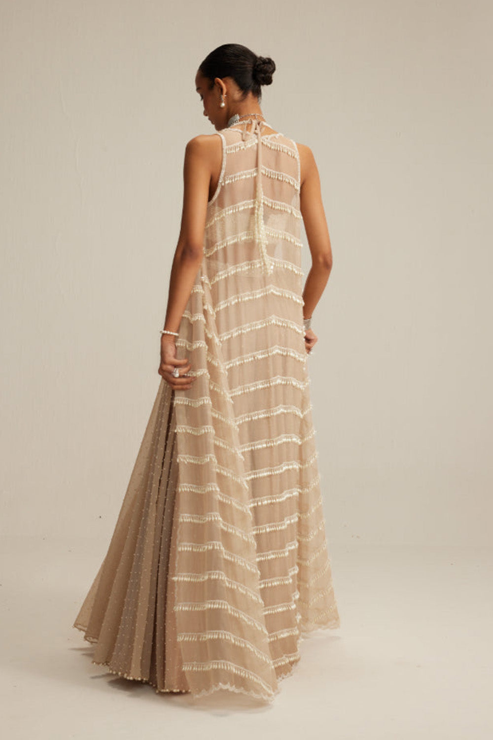 Light Beige Pearl Drop Jacket Set.