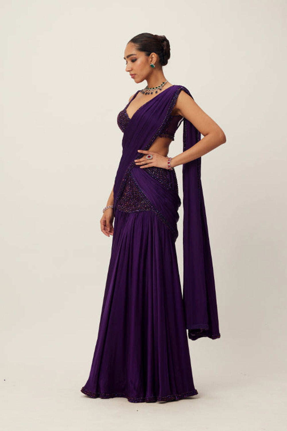 Royalty Purple Pre Draped Crystal beaded Saree Set