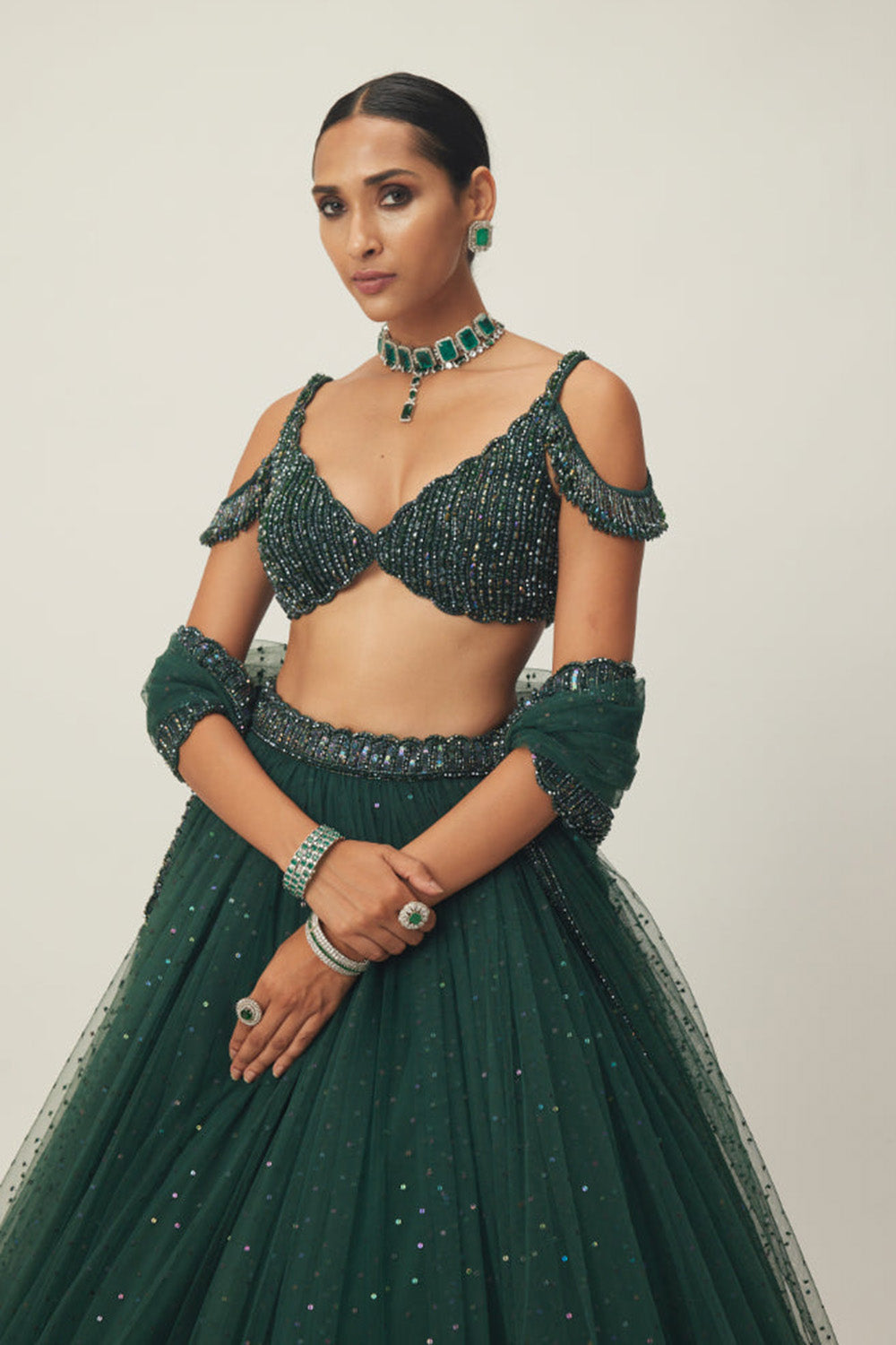Dark Jade Green Sequins Scattered Tulle Lehenga Set